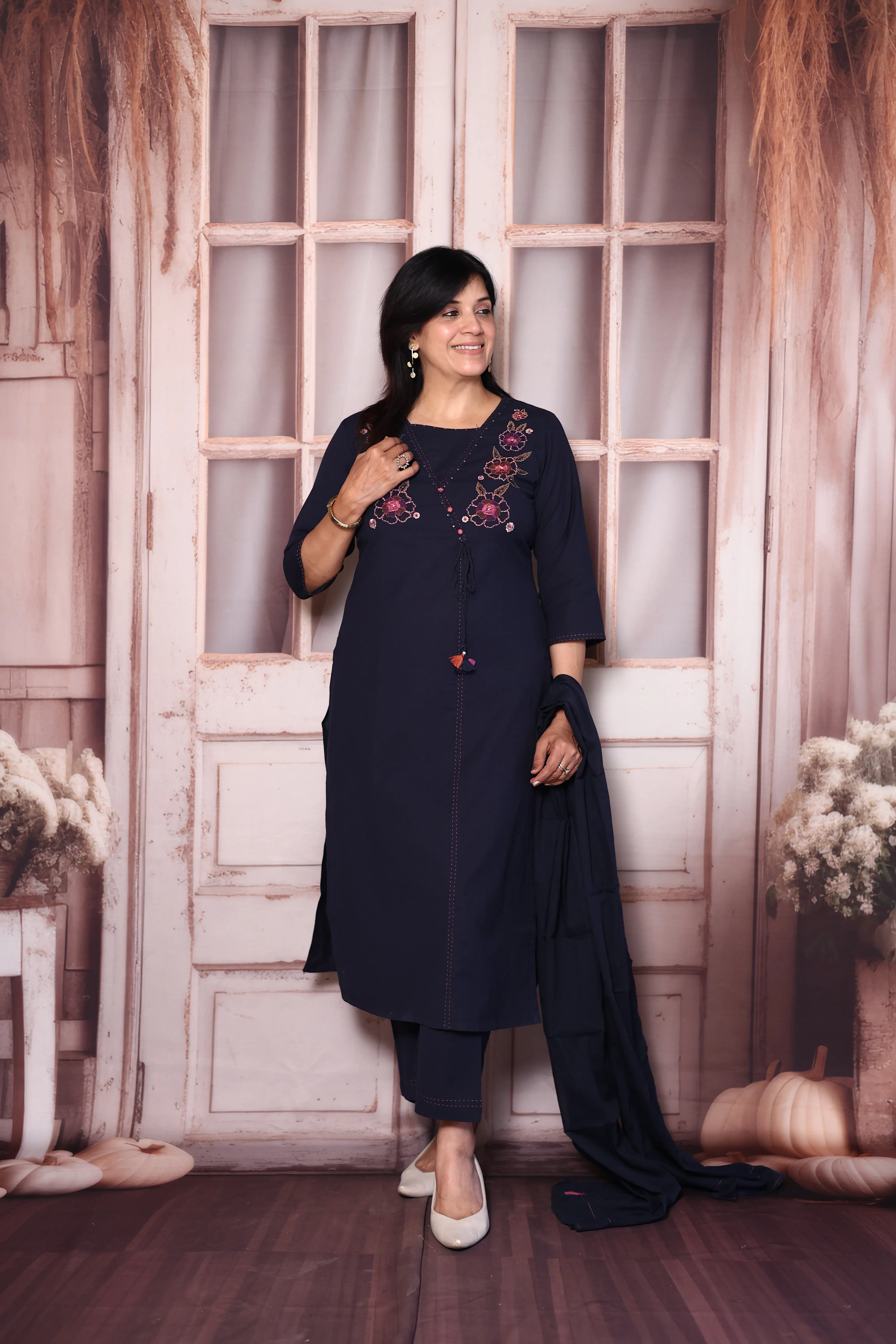 Deep Blue Yoke Floral Embroidered Cotton Dupatta Set with Sequins | Plus-Size Ethnic Wear
