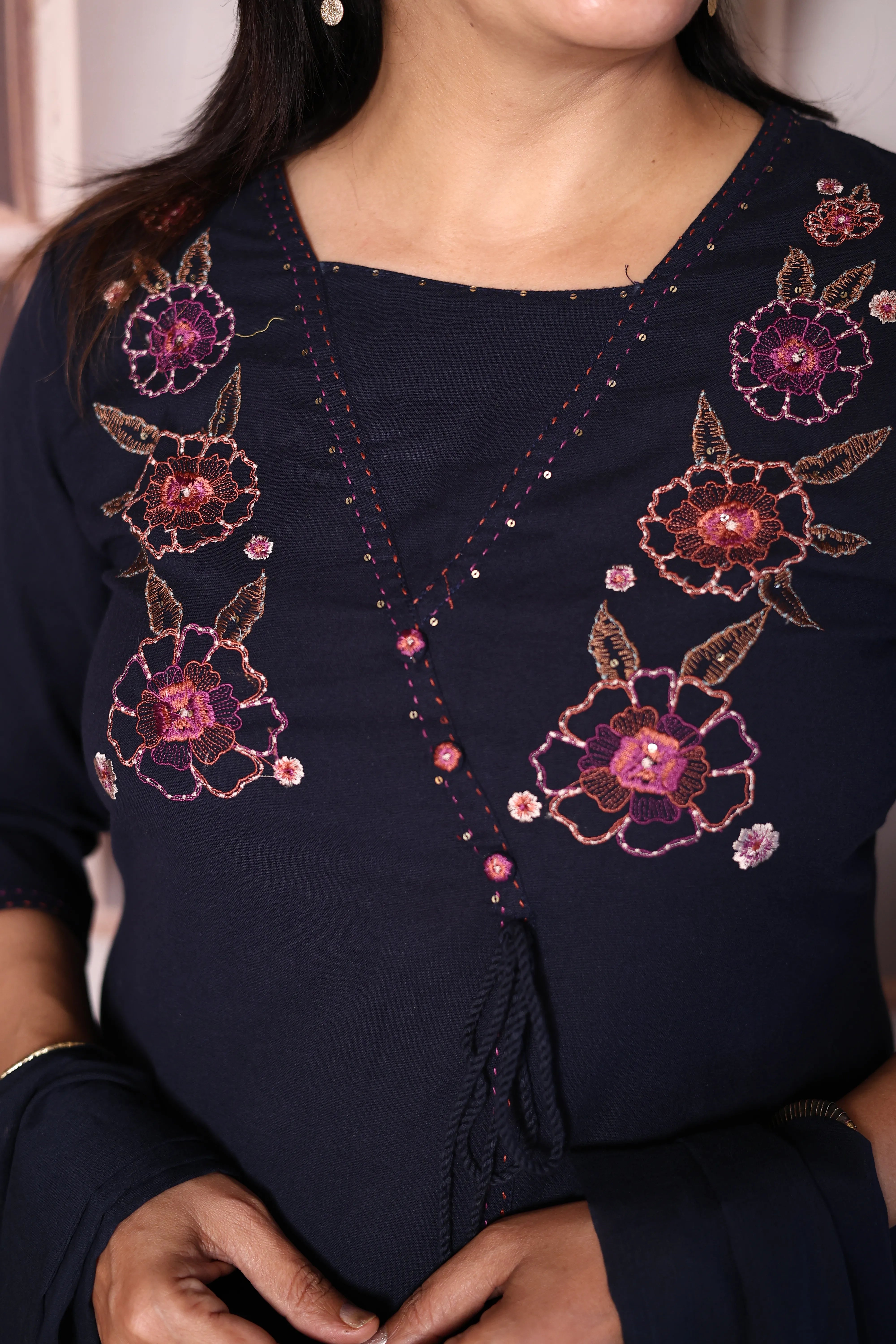 Deep Blue Yoke Floral Embroidered Cotton Dupatta Set with Sequins | Plus-Size Ethnic Wear