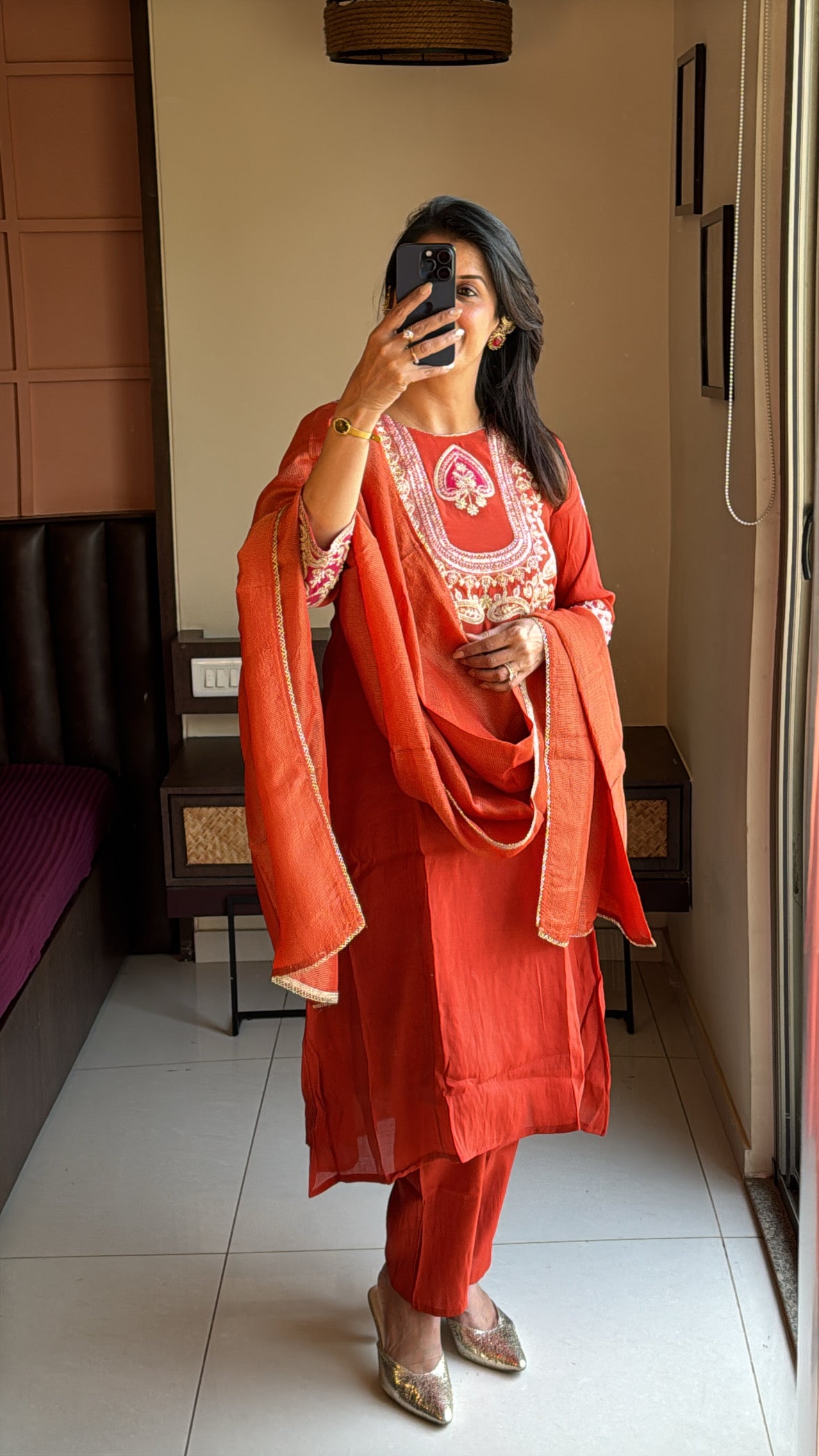 Rust A-Line Yoke Embroidered Kurta Pant & Dupatta Set | Pure Muslin Silk