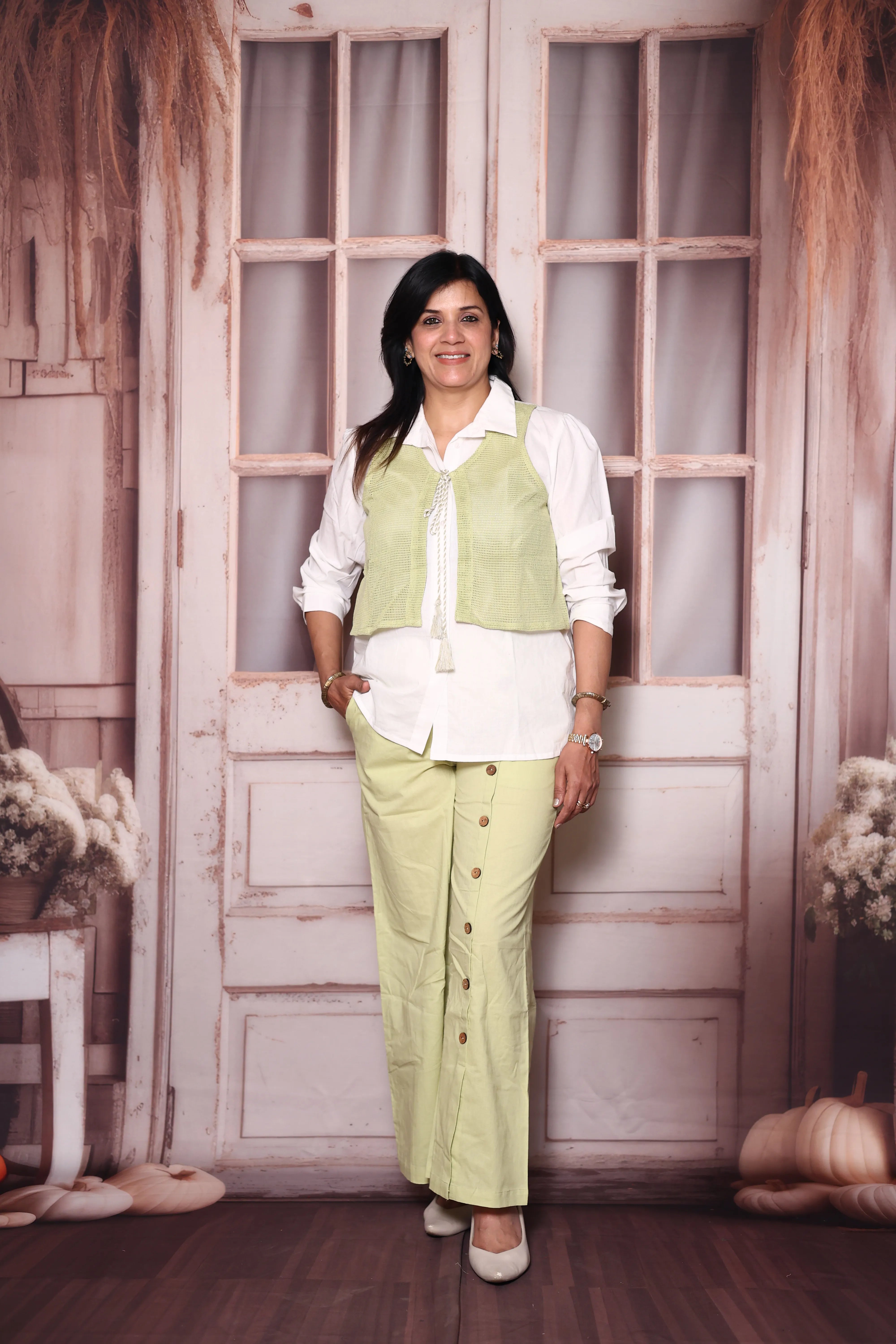 White & Green Cotton Co-Ord Set with Lace Jacket | Plus Size Available