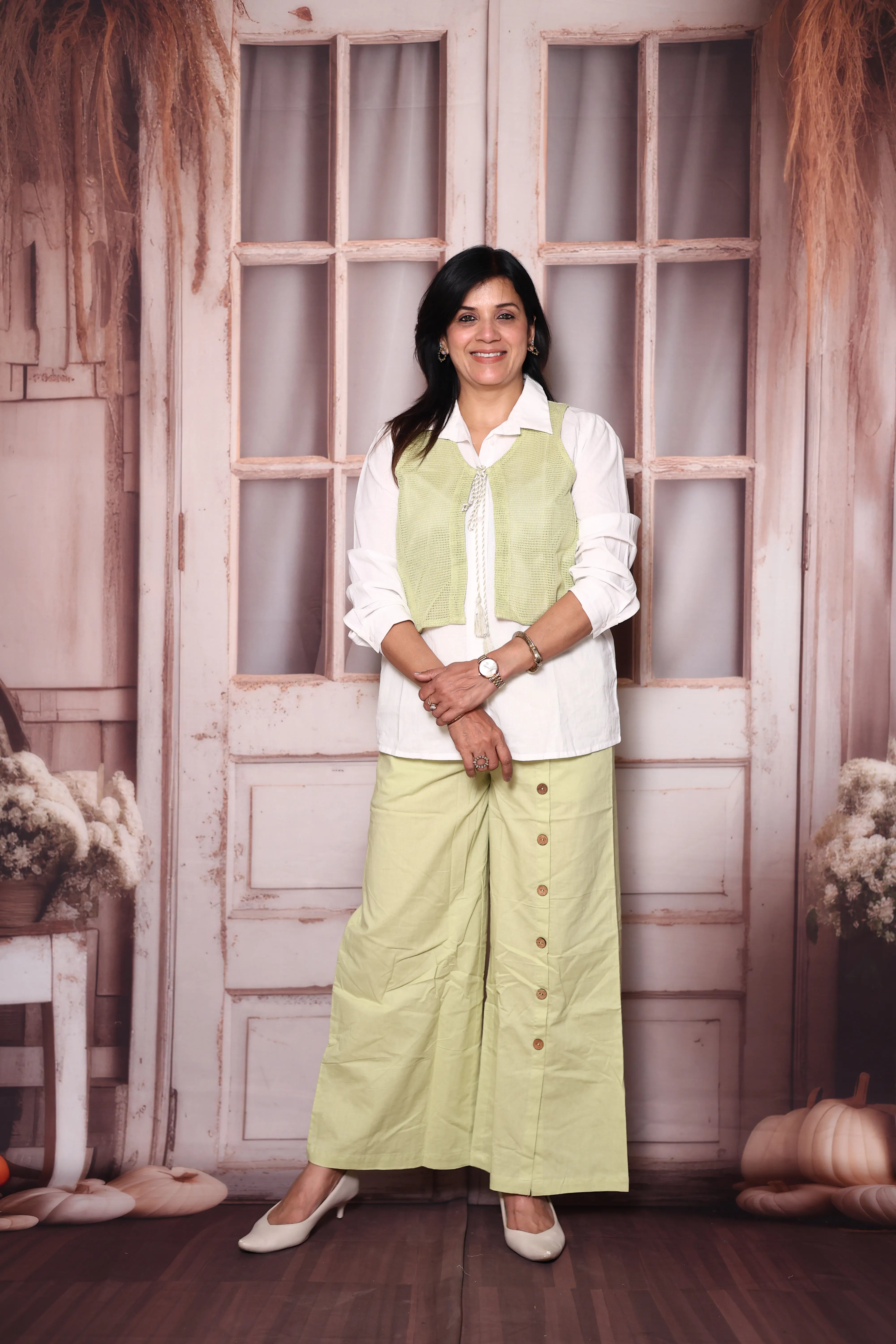 White & Green Cotton Co-Ord Set with Lace Jacket | Plus Size Available