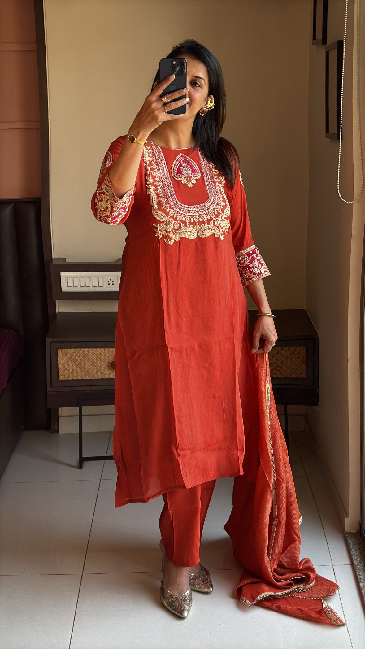 Rust A-Line Yoke Embroidered Kurta Pant & Dupatta Set | Pure Muslin Silk