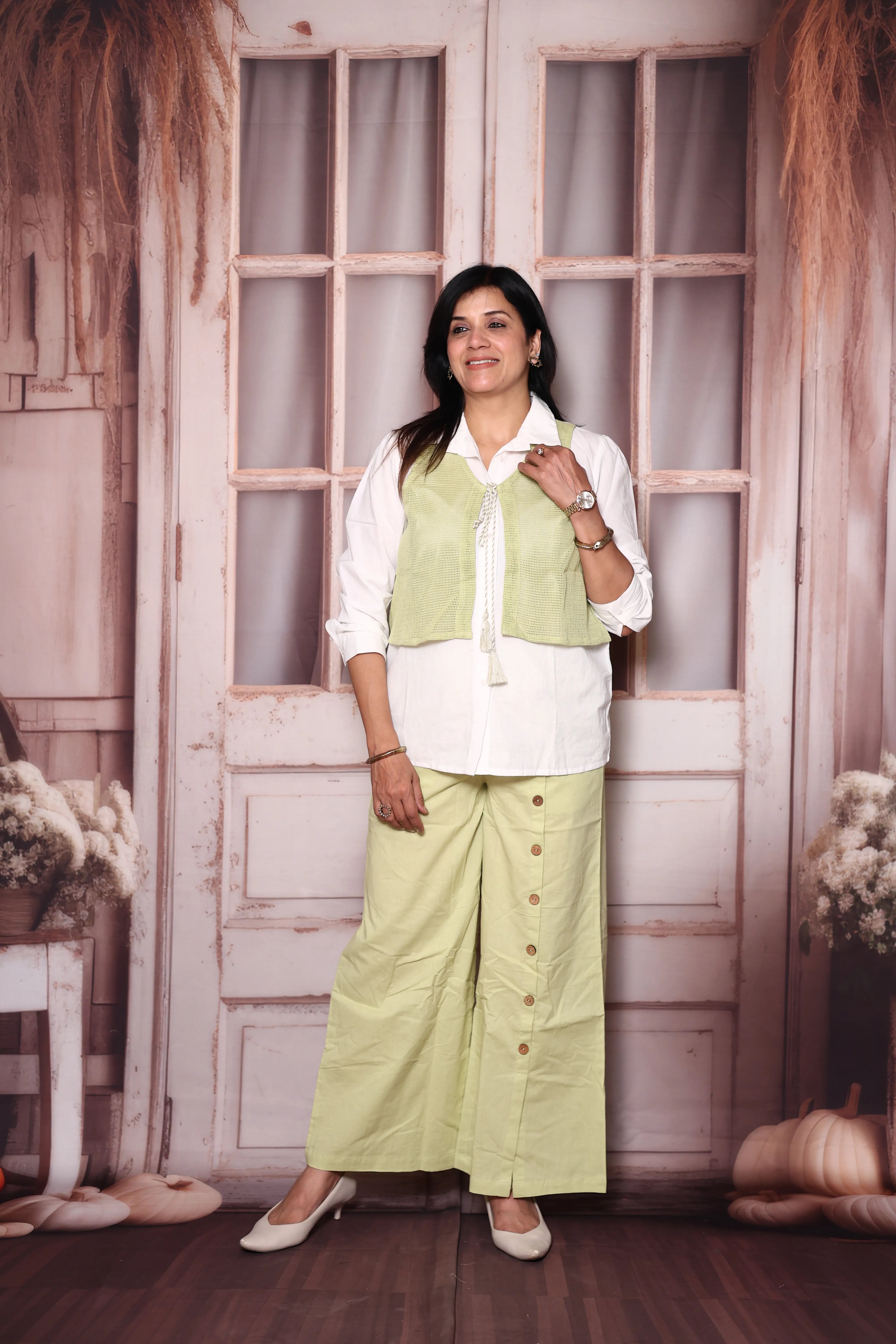 White & Green Cotton Co-Ord Set with Lace Jacket | Plus Size Available
