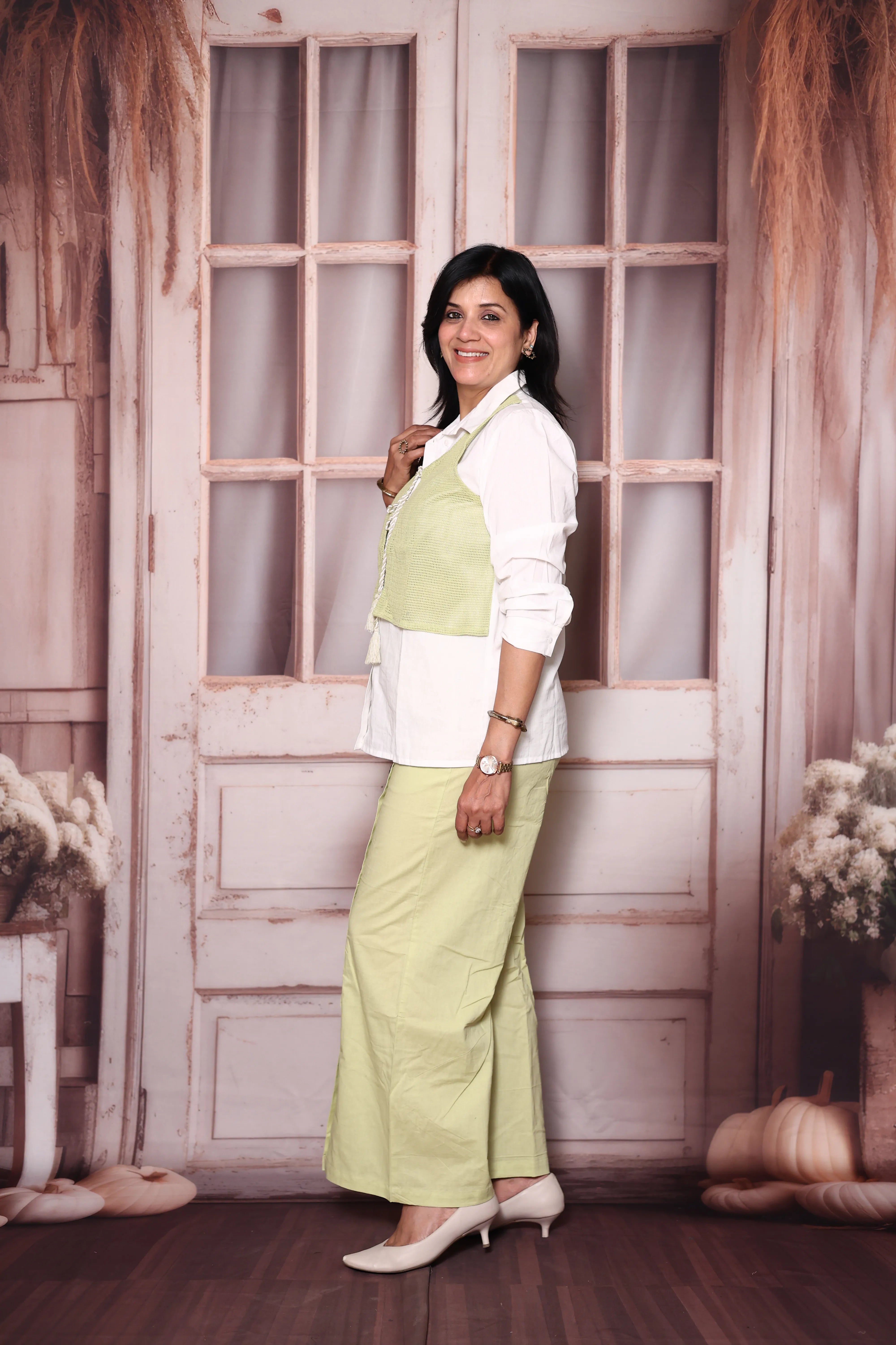 White & Green Cotton Co-Ord Set with Lace Jacket | Plus Size Available