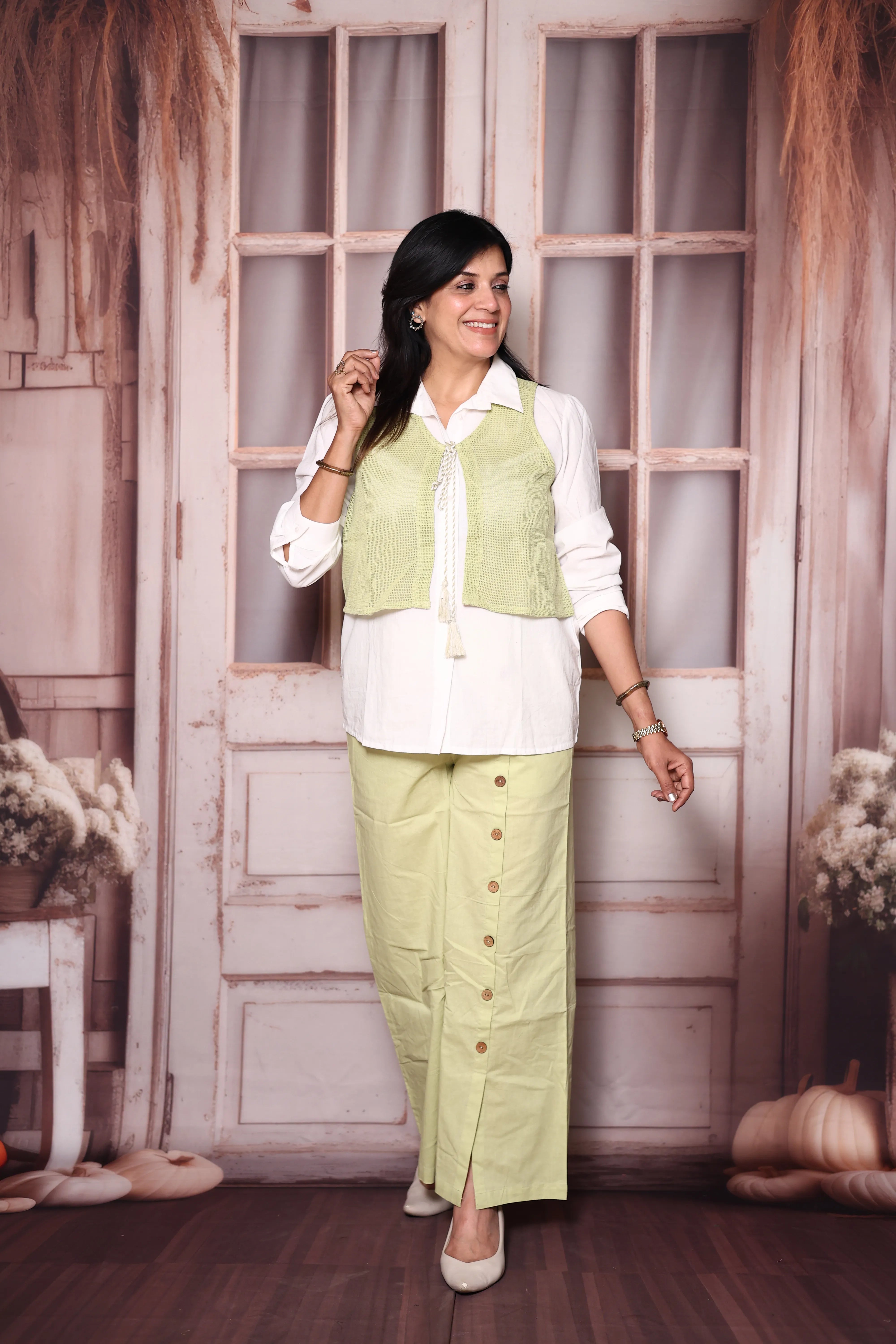 White & Green Cotton Co-Ord Set with Lace Jacket | Plus Size Available