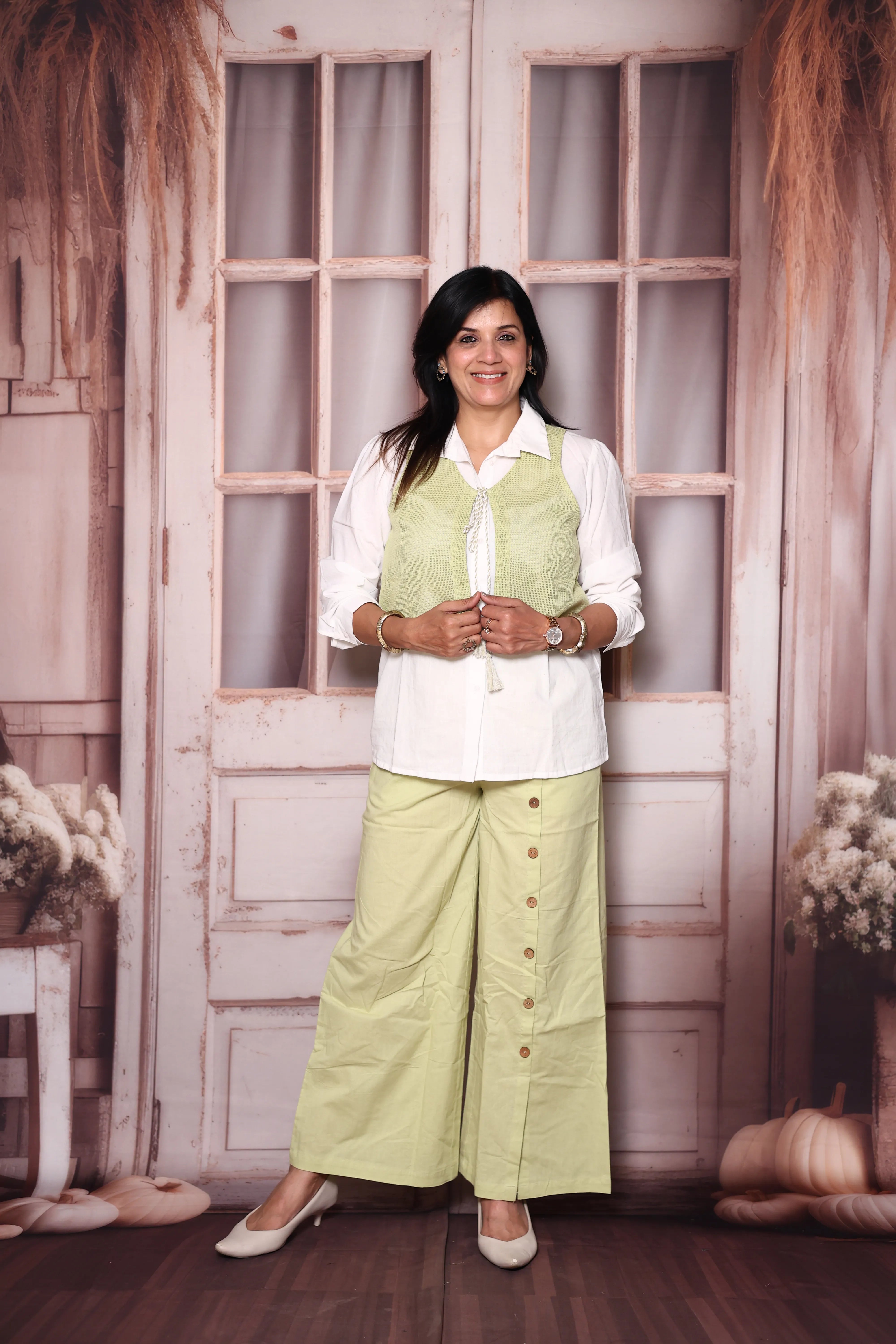 White & Green Cotton Co-Ord Set with Lace Jacket | Plus Size Available