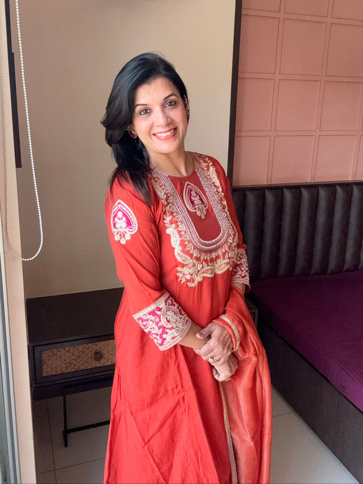 Rust A-Line Yoke Embroidered Kurta Pant & Dupatta Set | Pure Muslin Silk