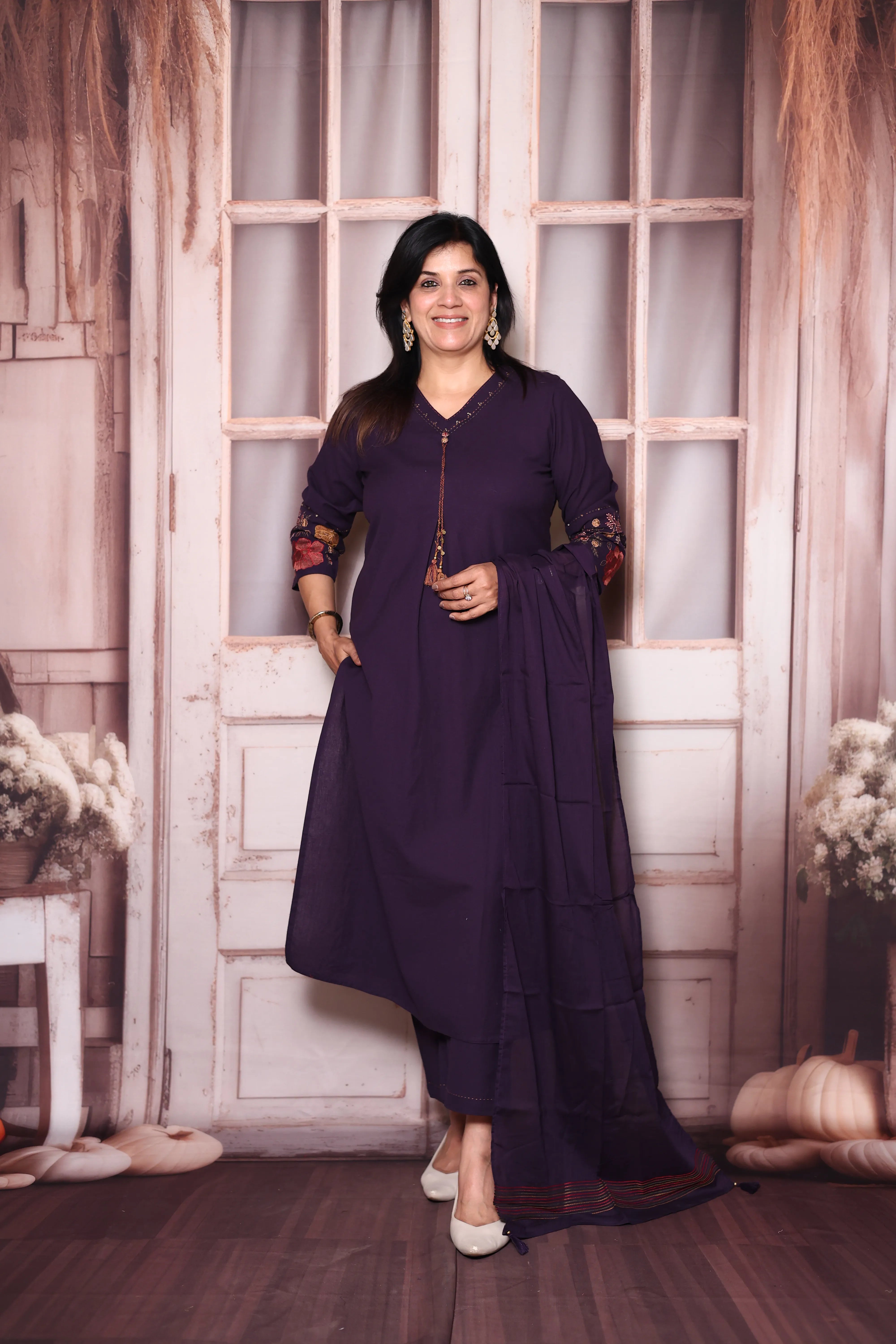 Dark Purple A-Line Cotton Dupatta Set with Embroidery | Elegant Plus-Size Ethnic Wear