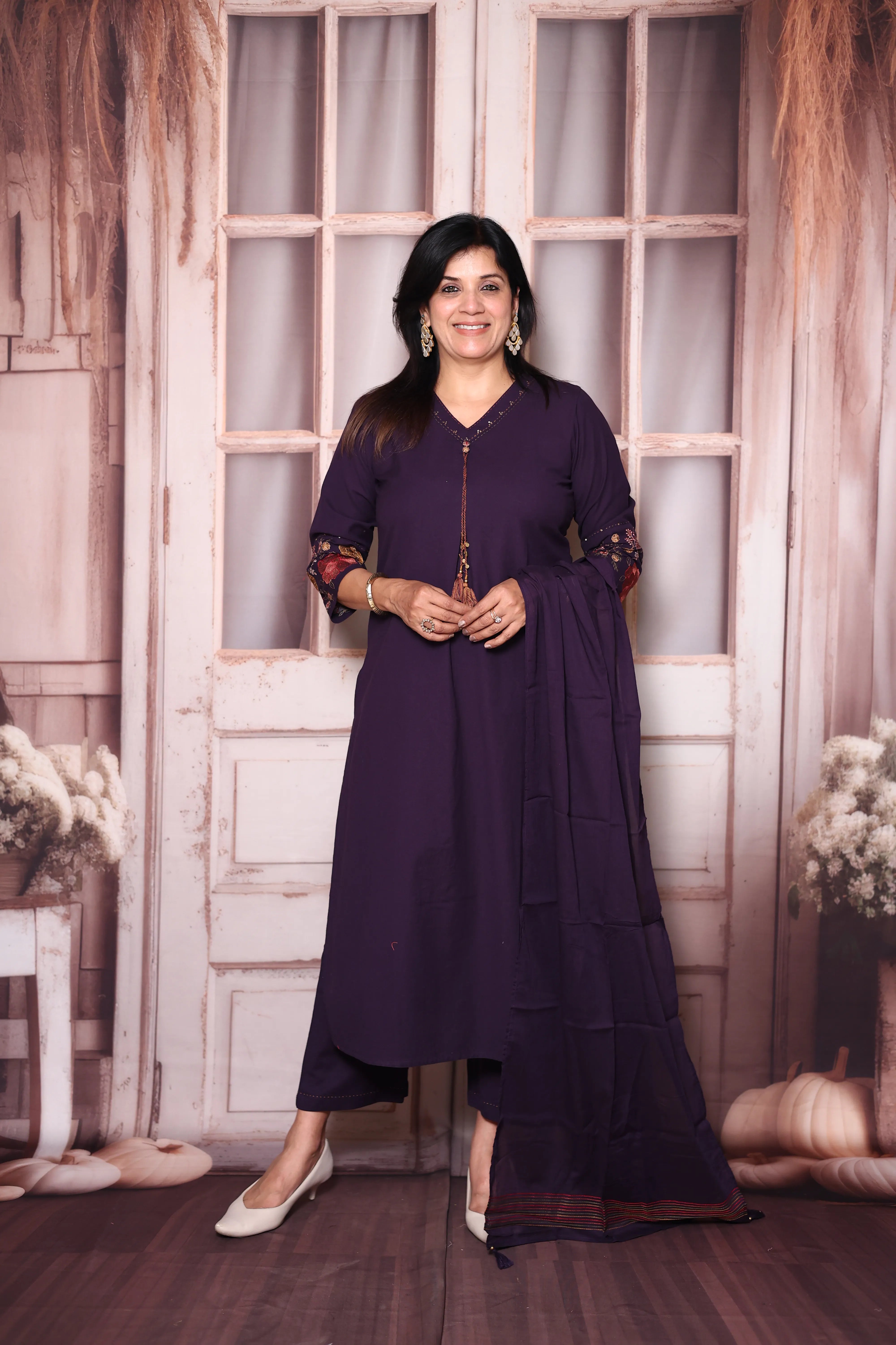 Dark Purple A-Line Cotton Dupatta Set with Embroidery | Elegant Plus-Size Ethnic Wear