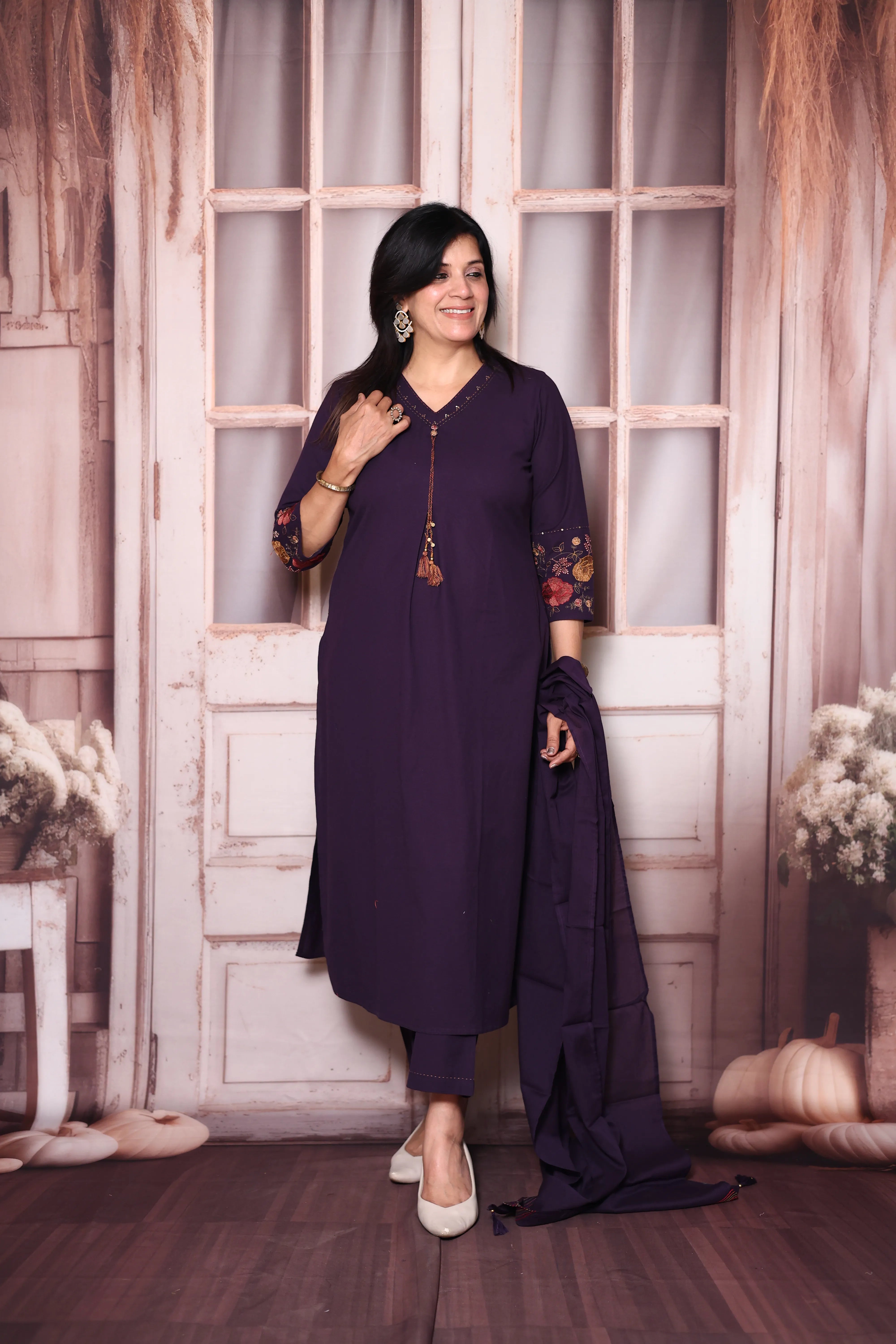 Dark Purple A-Line Cotton Dupatta Set with Embroidery | Elegant Plus-Size Ethnic Wear