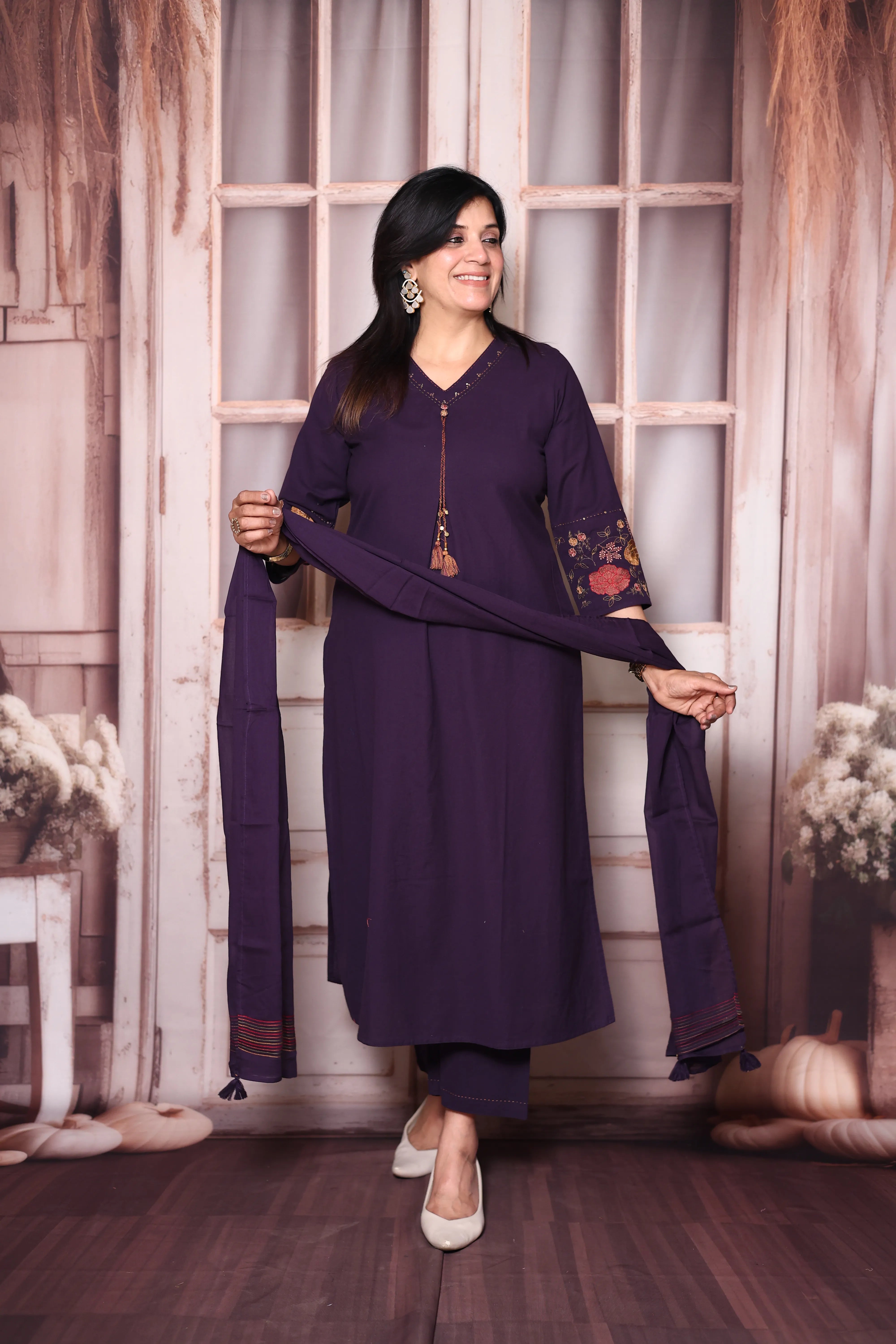 Dark Purple A-Line Cotton Dupatta Set with Embroidery | Elegant Plus-Size Ethnic Wear