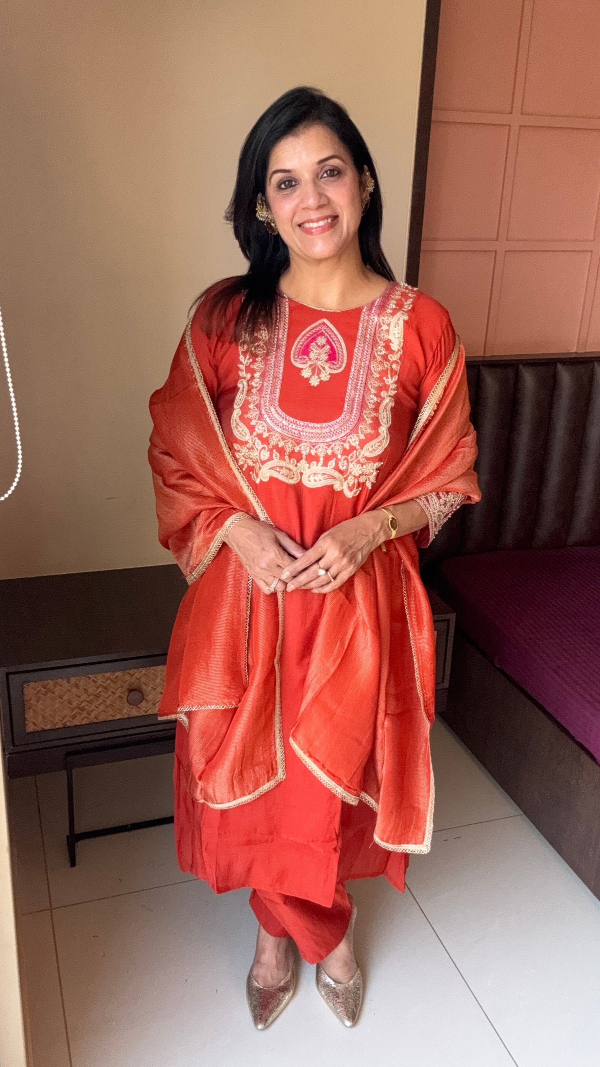 Rust A-Line Yoke Embroidered Kurta Pant & Dupatta Set | Pure Muslin Silk