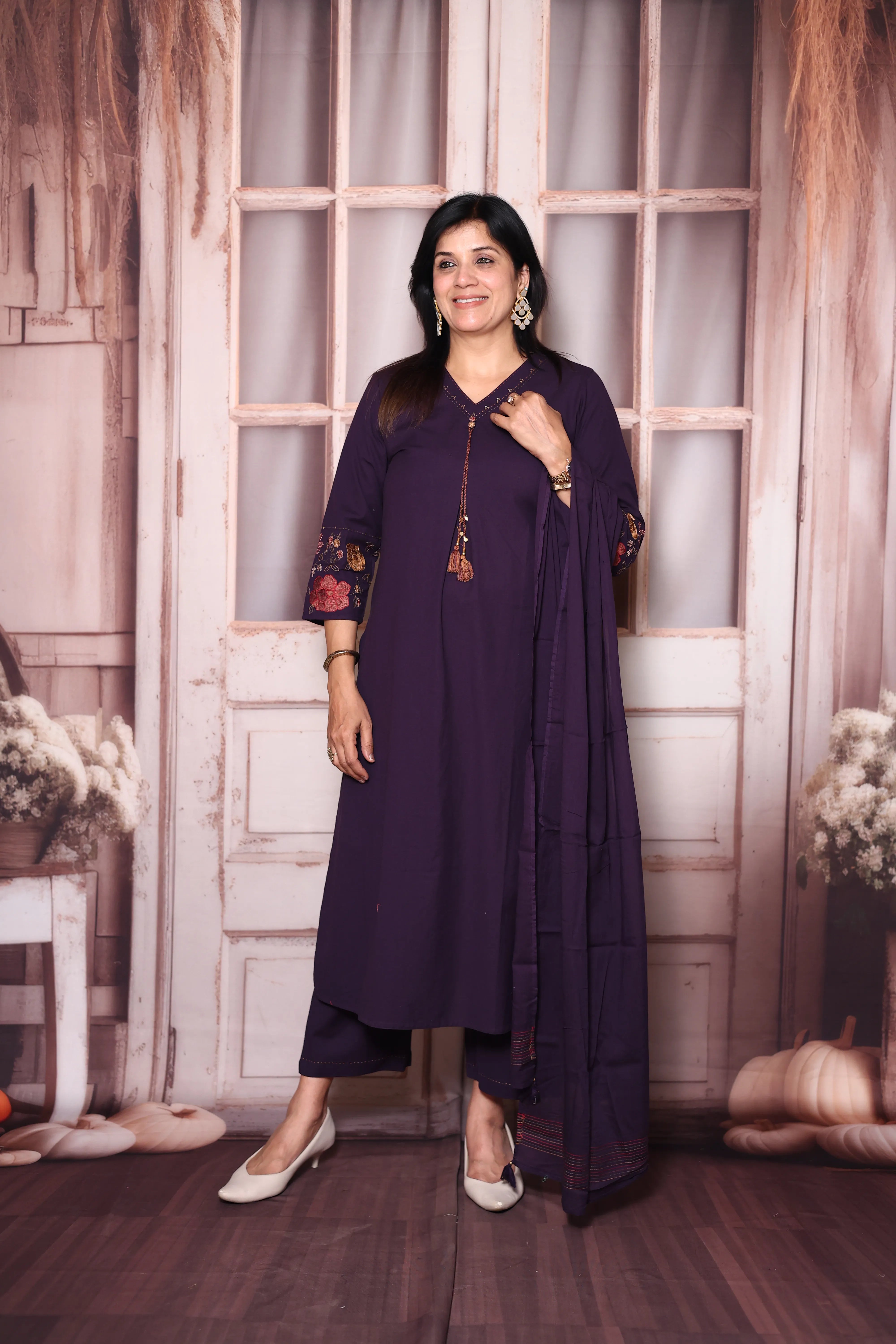 Dark Purple A-Line Cotton Dupatta Set with Embroidery | Elegant Plus-Size Ethnic Wear