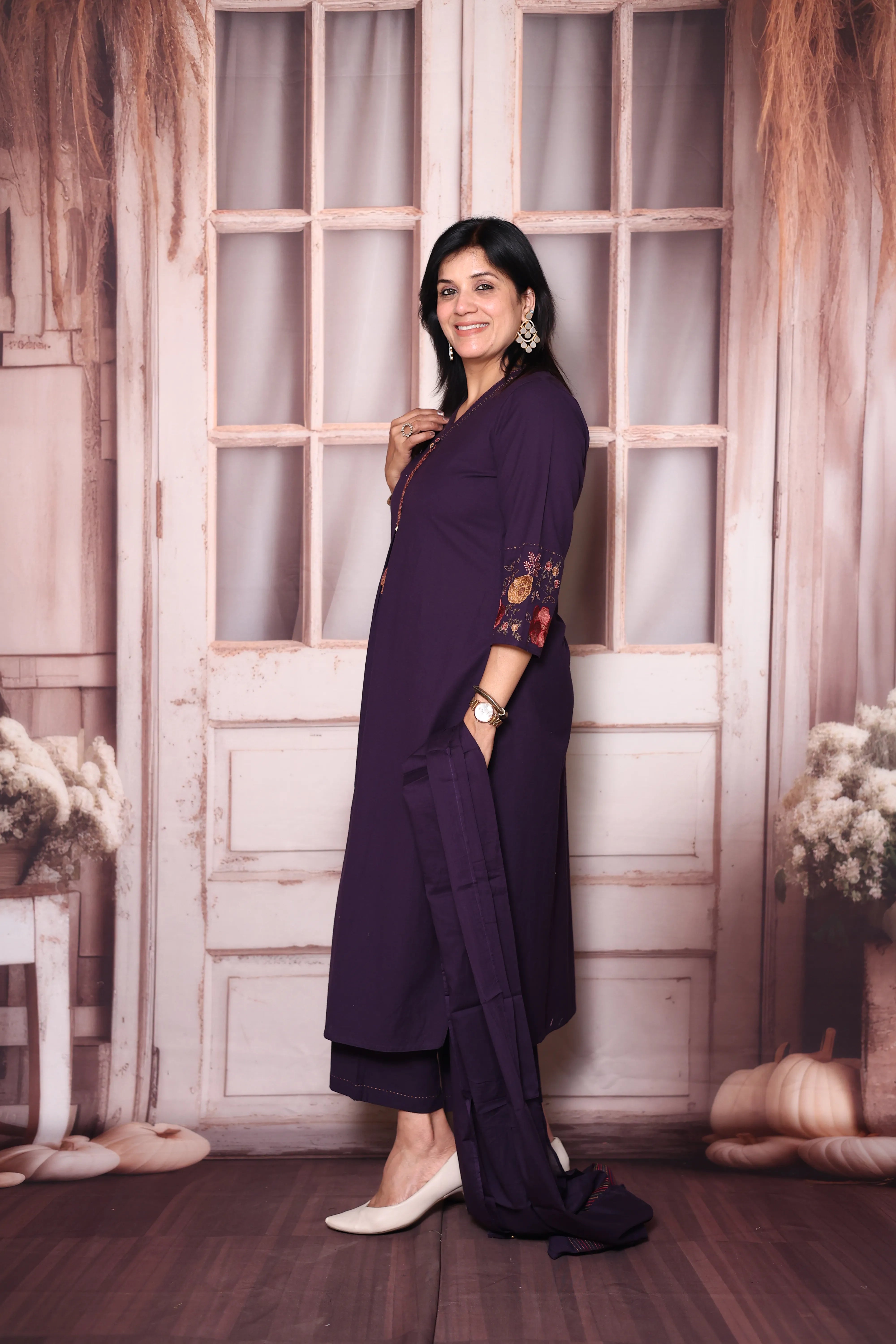 Dark Purple A-Line Cotton Dupatta Set with Embroidery | Elegant Plus-Size Ethnic Wear