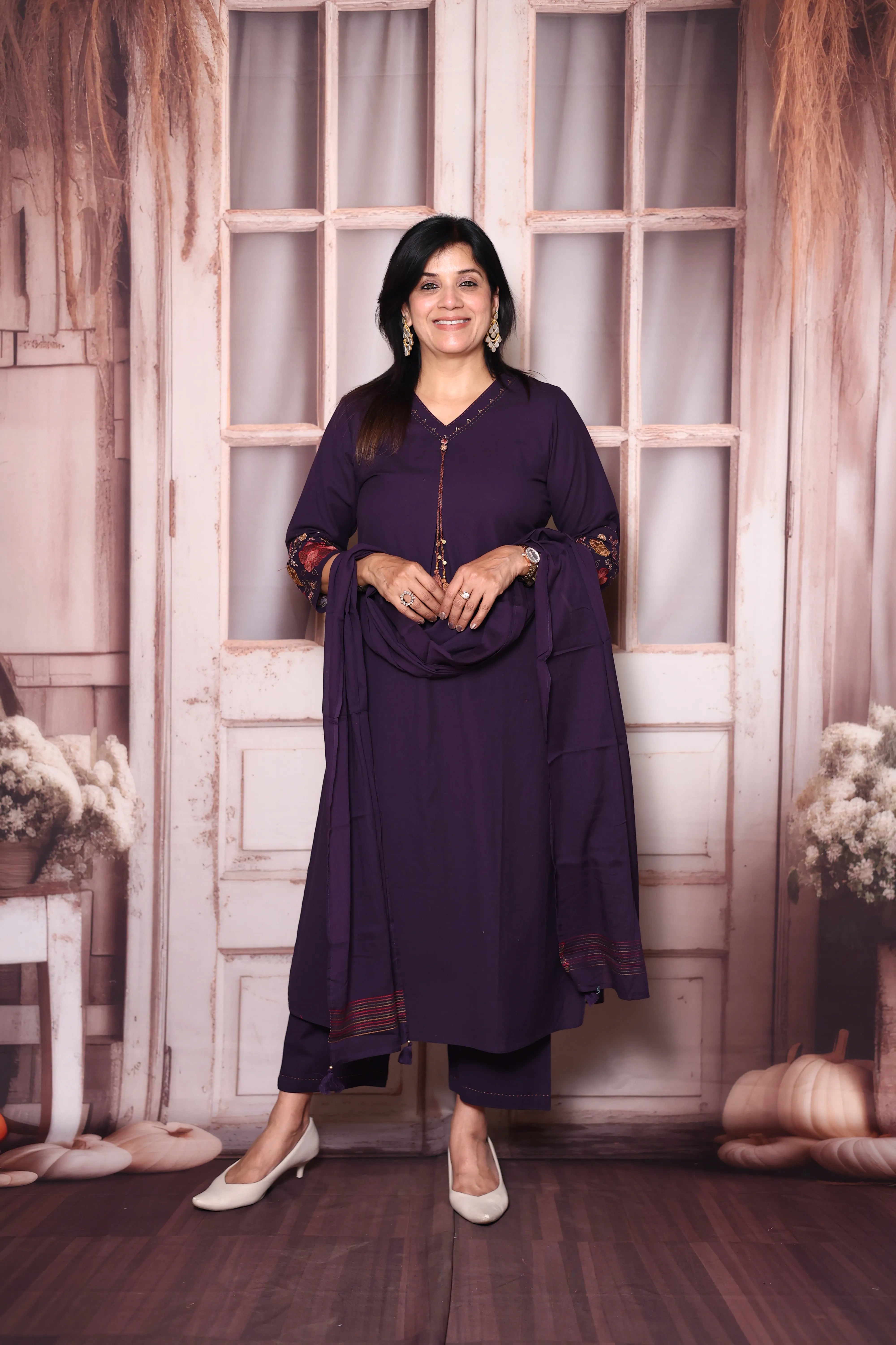 Dark Purple A-Line Cotton Dupatta Set with Embroidery | Elegant Plus-Size Ethnic Wear