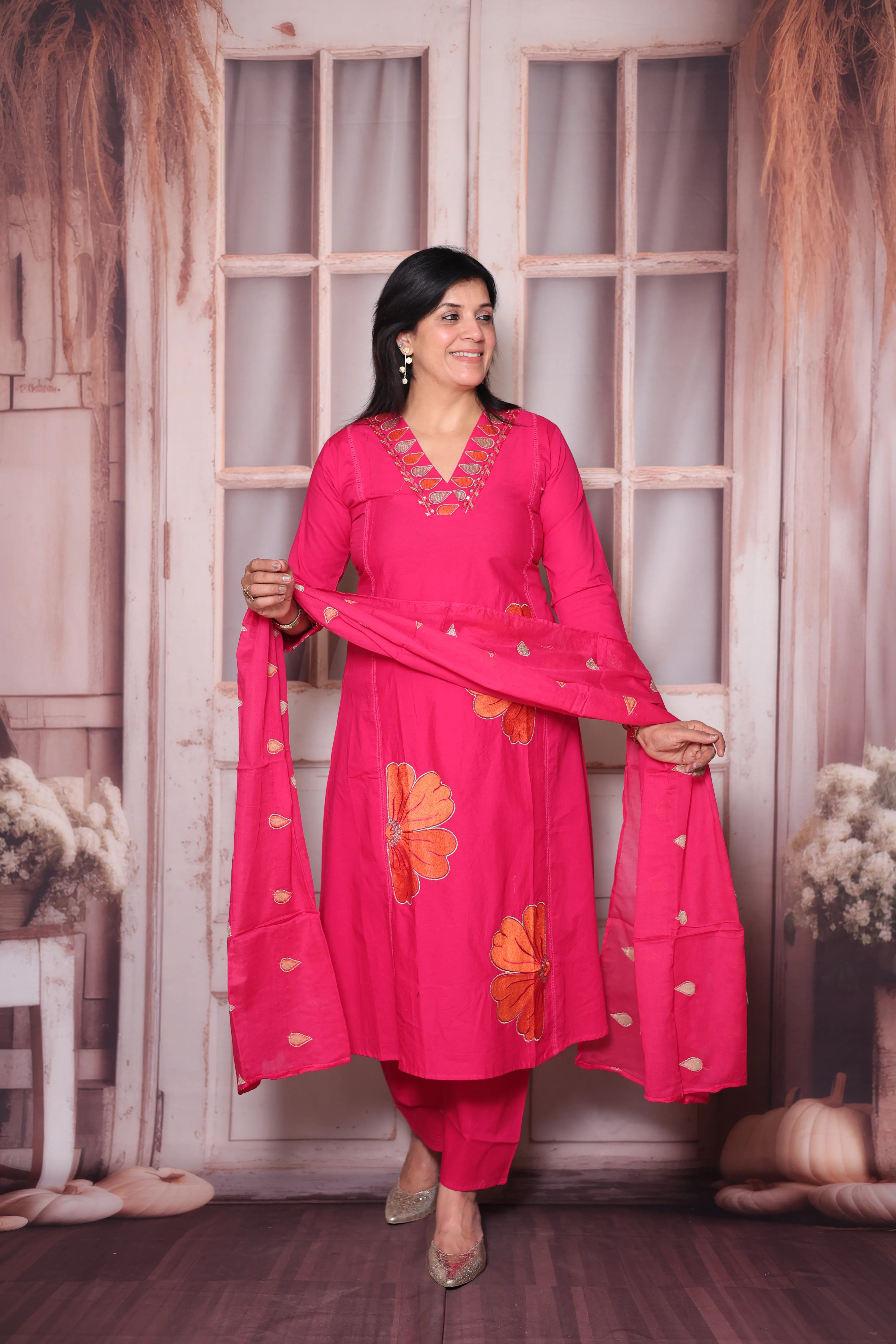Rani Pink Floral Appliqué Work Cotton A-Line Dupatta Set | Elegant Ethnic Wear