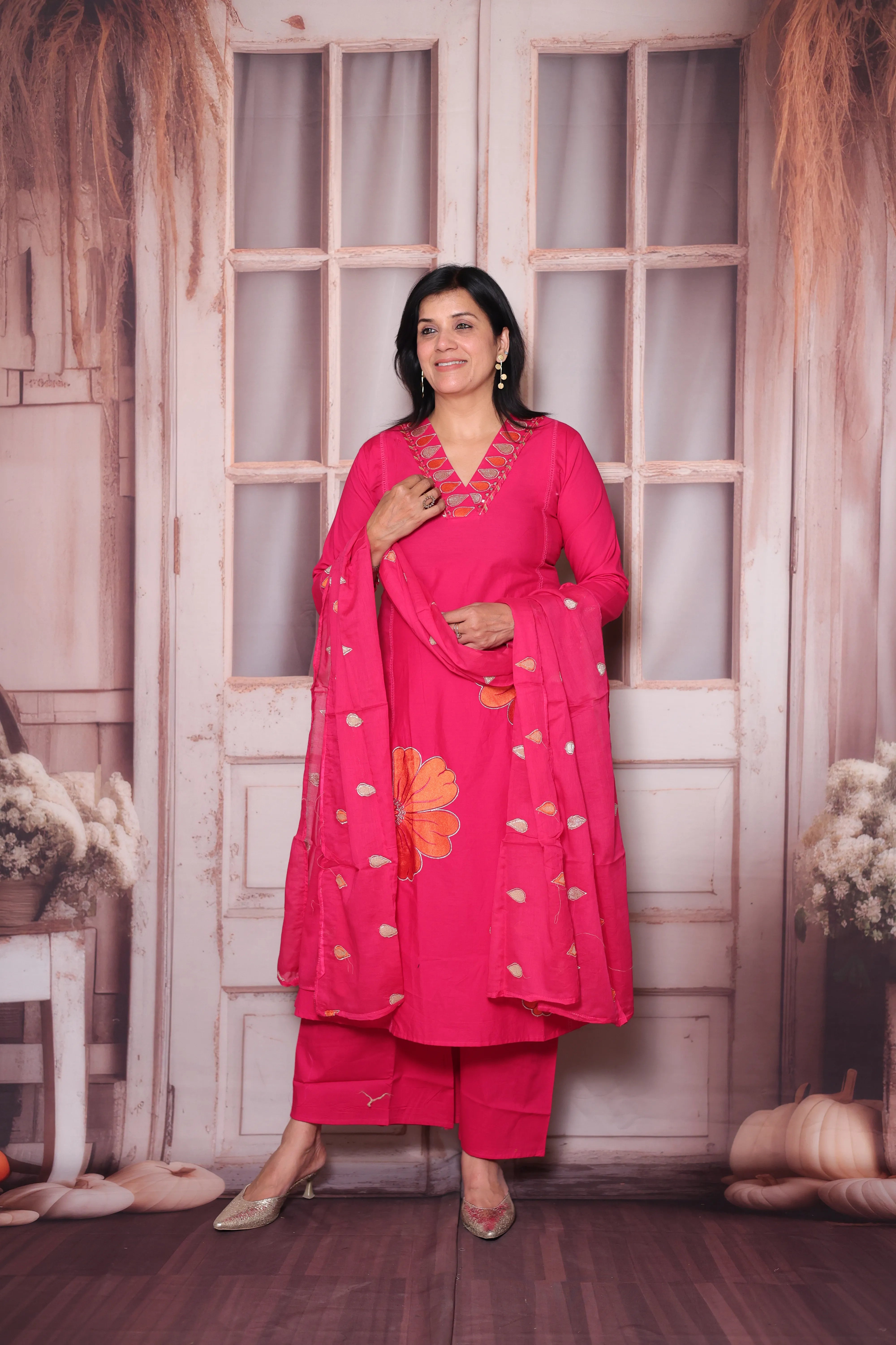Rani Pink Floral Appliqué Work Cotton A-Line Dupatta Set | Elegant Ethnic Wear