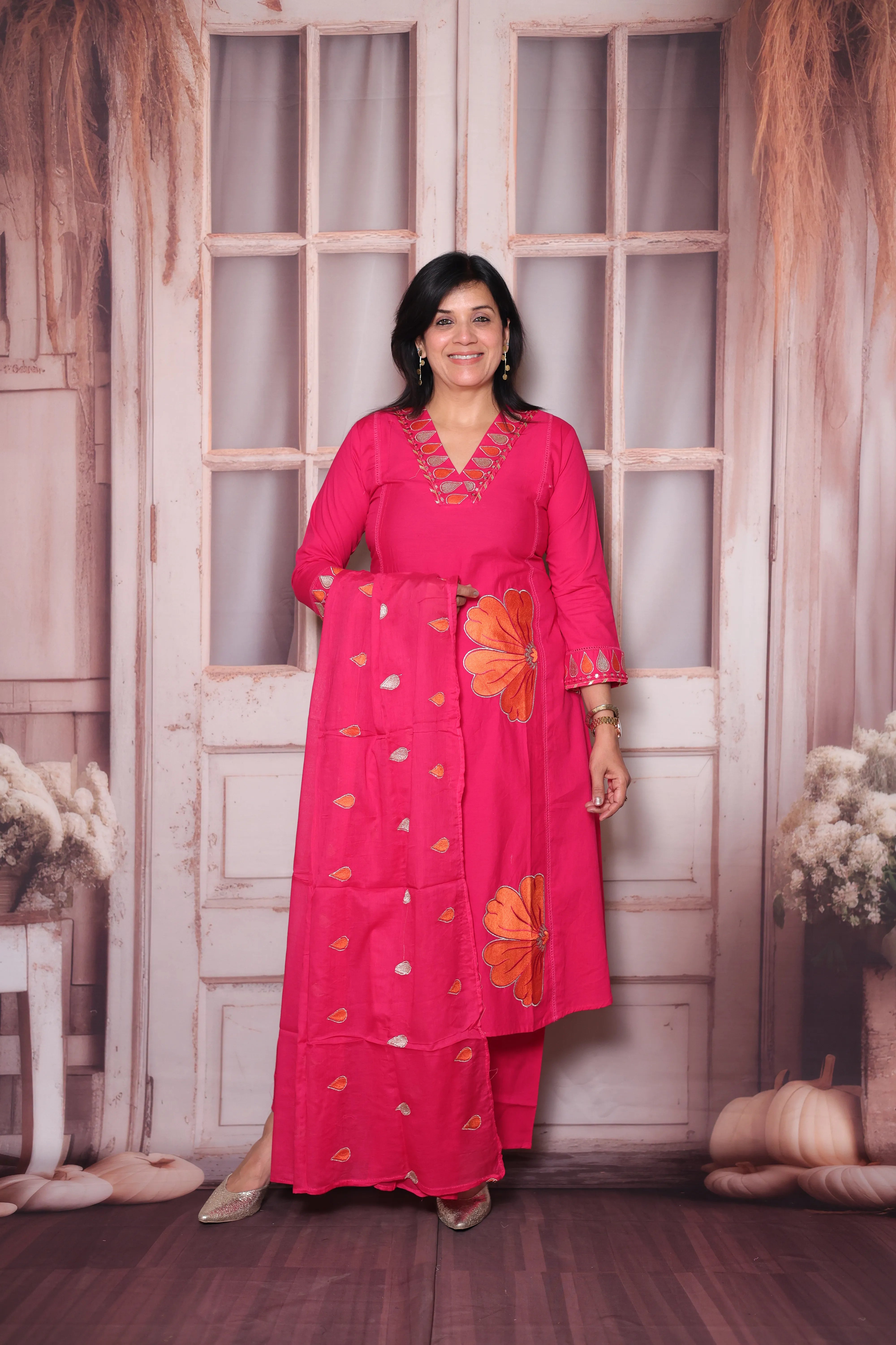 Rani Pink Floral Appliqué Work Cotton A-Line Dupatta Set | Elegant Ethnic Wear