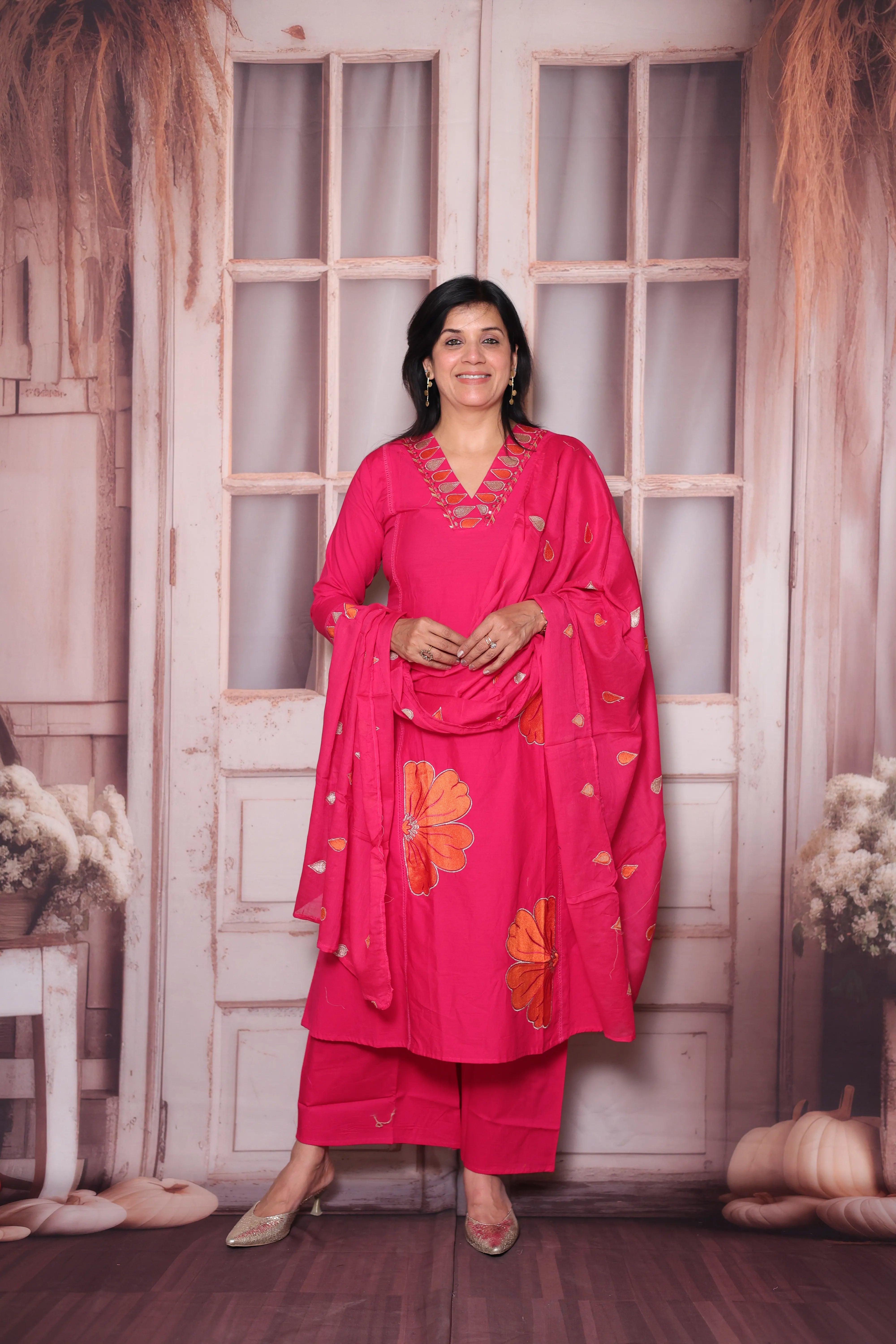 Rani Pink Floral Appliqué Work Cotton A-Line Dupatta Set | Elegant Ethnic Wear