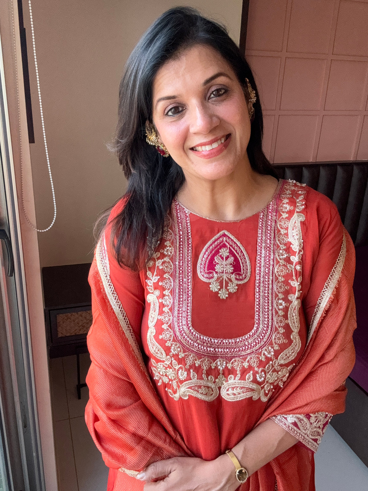Rust A-Line Yoke Embroidered Kurta Pant & Dupatta Set | Pure Muslin Silk