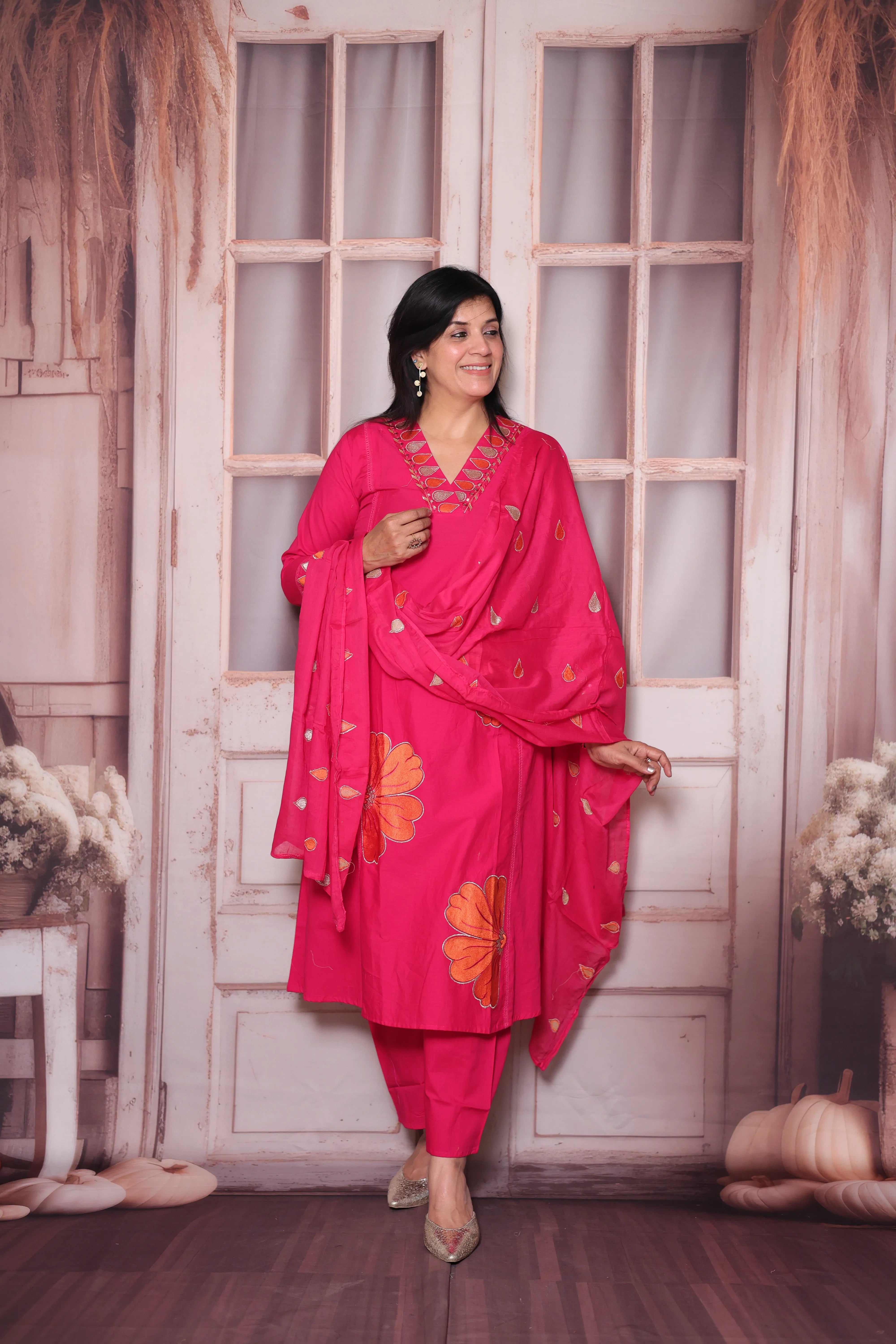 Rani Pink Floral Appliqué Work Cotton A-Line Dupatta Set | Elegant Ethnic Wear