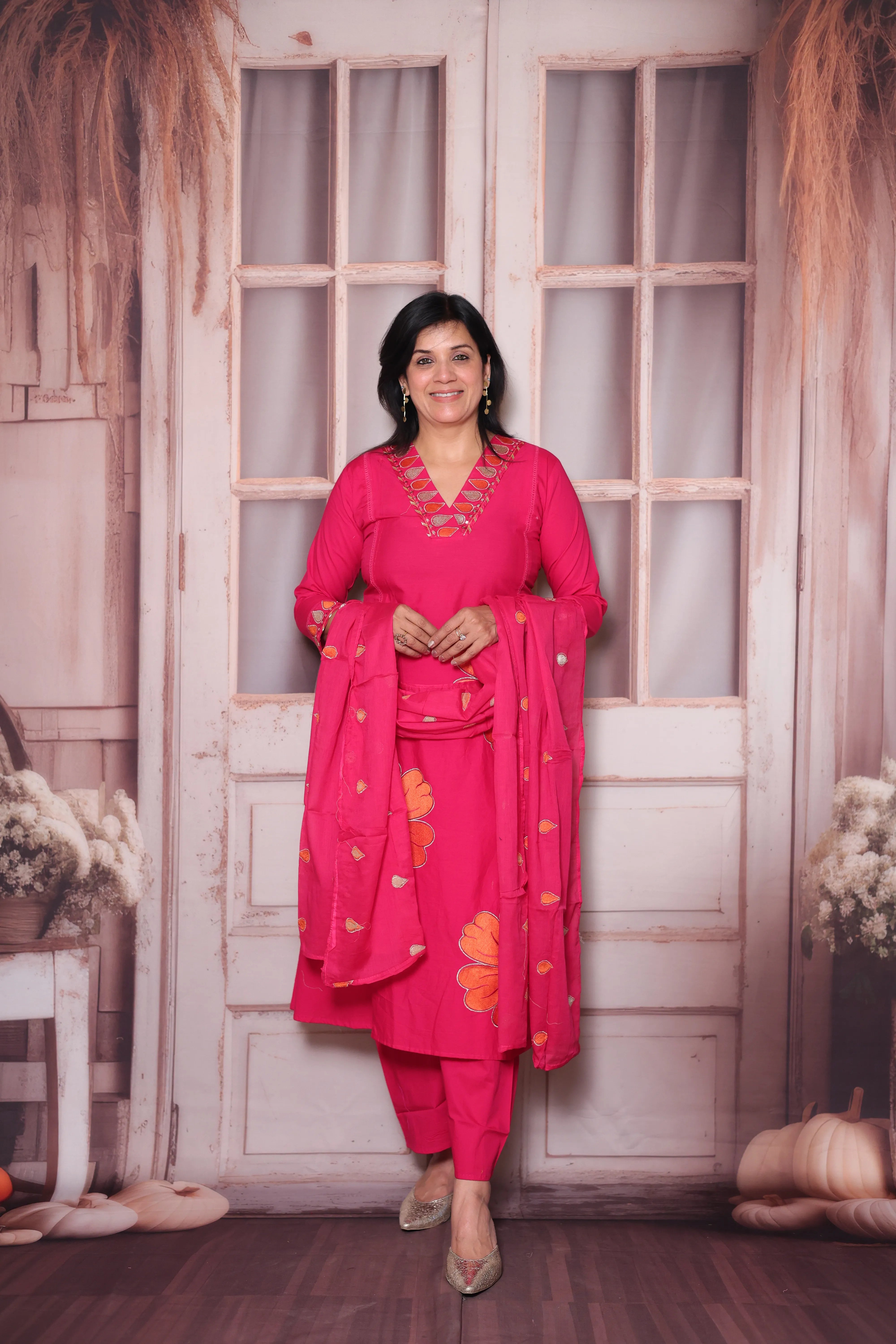 Rani Pink Floral Appliqué Work Cotton A-Line Dupatta Set | Elegant Ethnic Wear