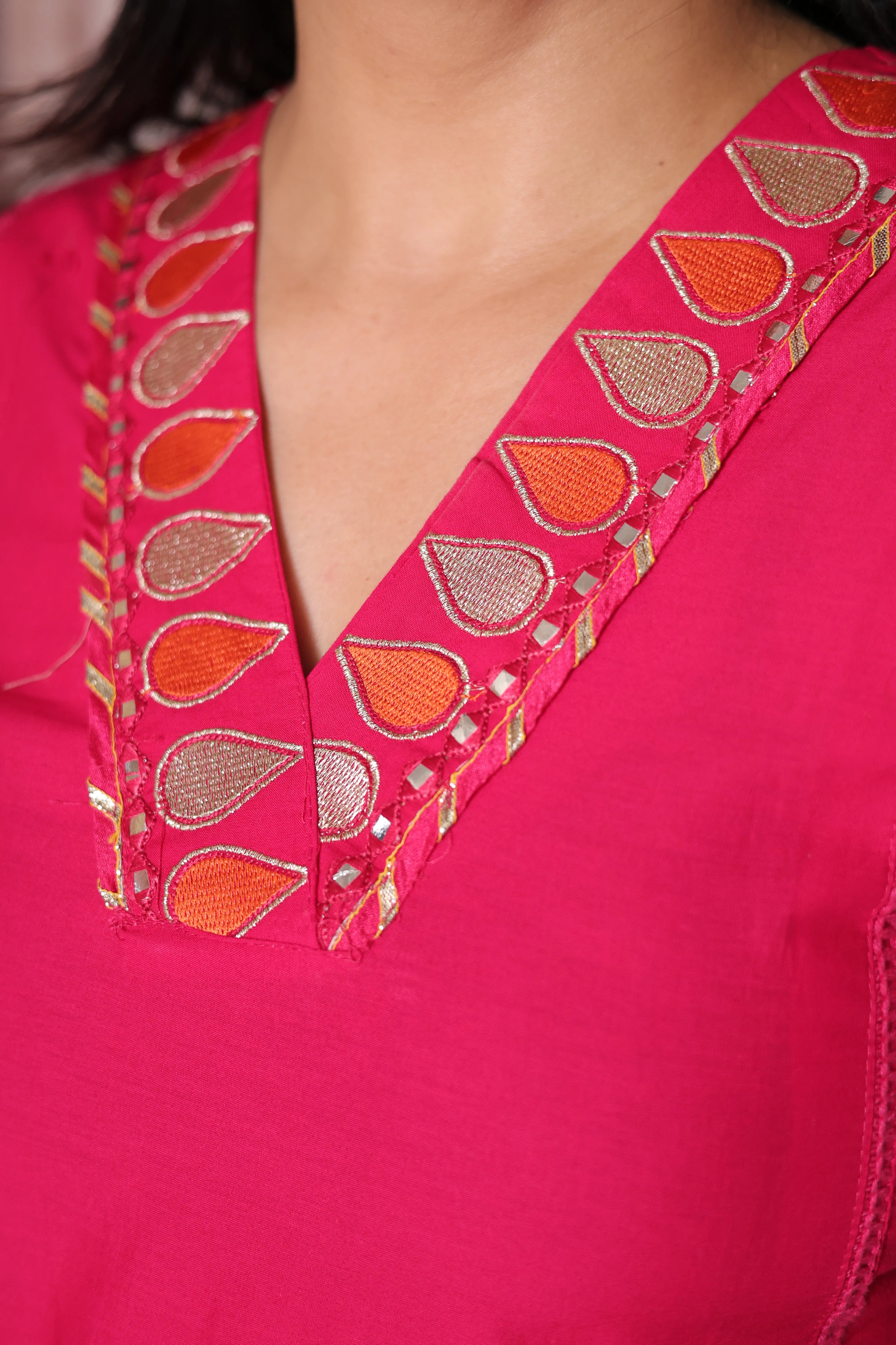 Rani Pink Floral Appliqué Work Cotton A-Line Dupatta Set | Elegant Ethnic Wear