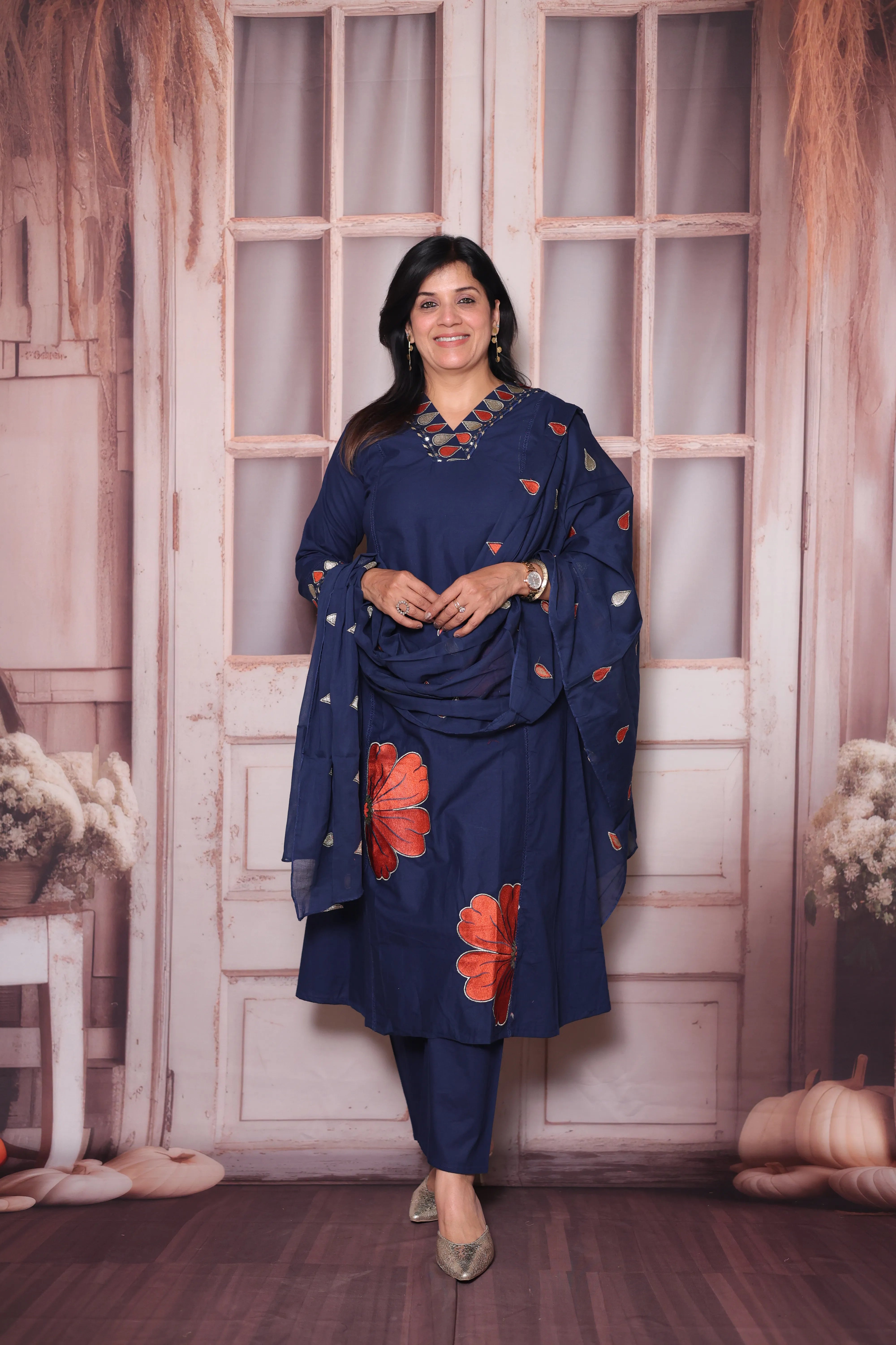 Navy Blue Floral Appliqué Work Cotton A-Line Dupatta Set | Elegant Ethnic Wear