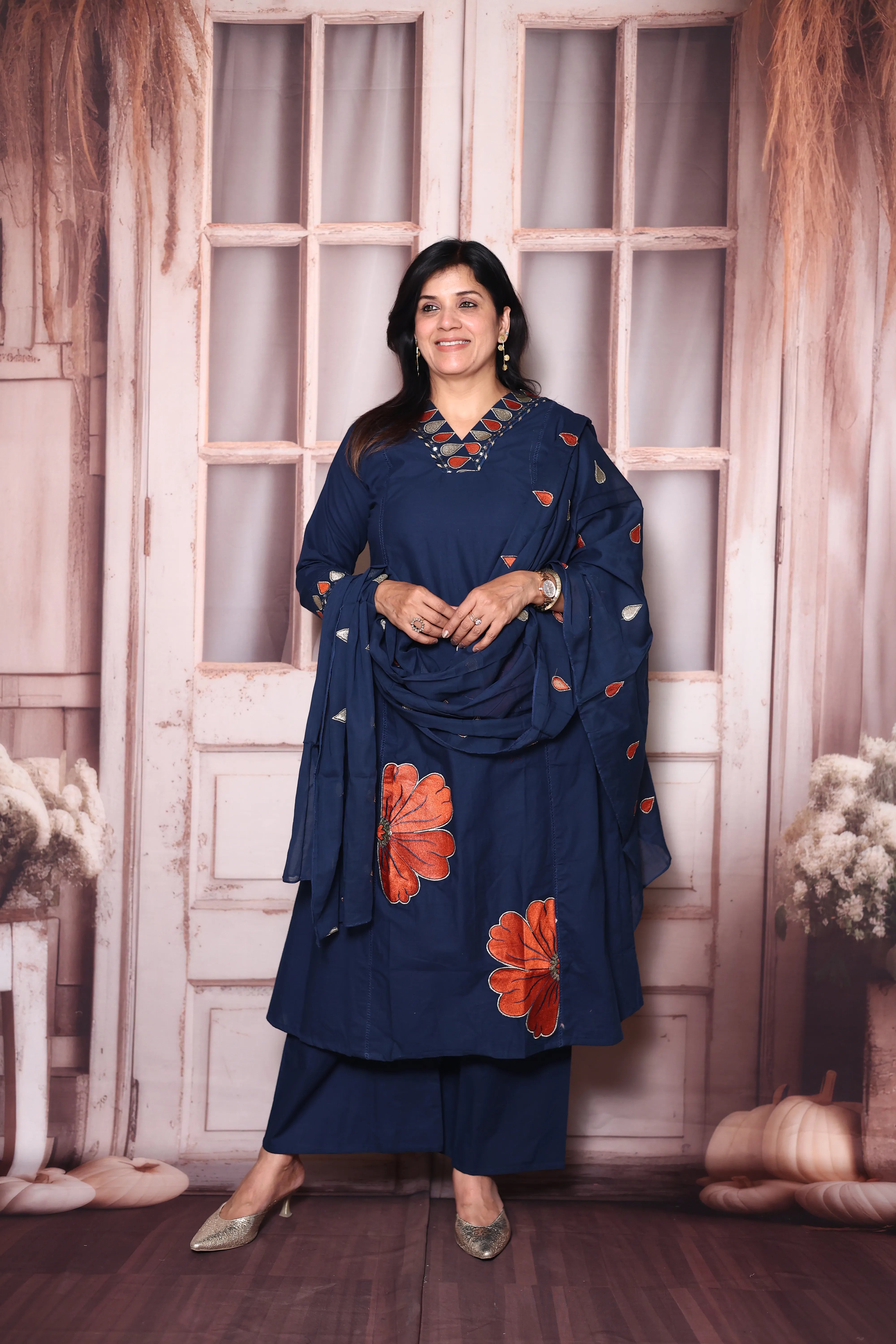 Navy Blue Floral Appliqué Work Cotton A-Line Dupatta Set | Elegant Ethnic Wear
