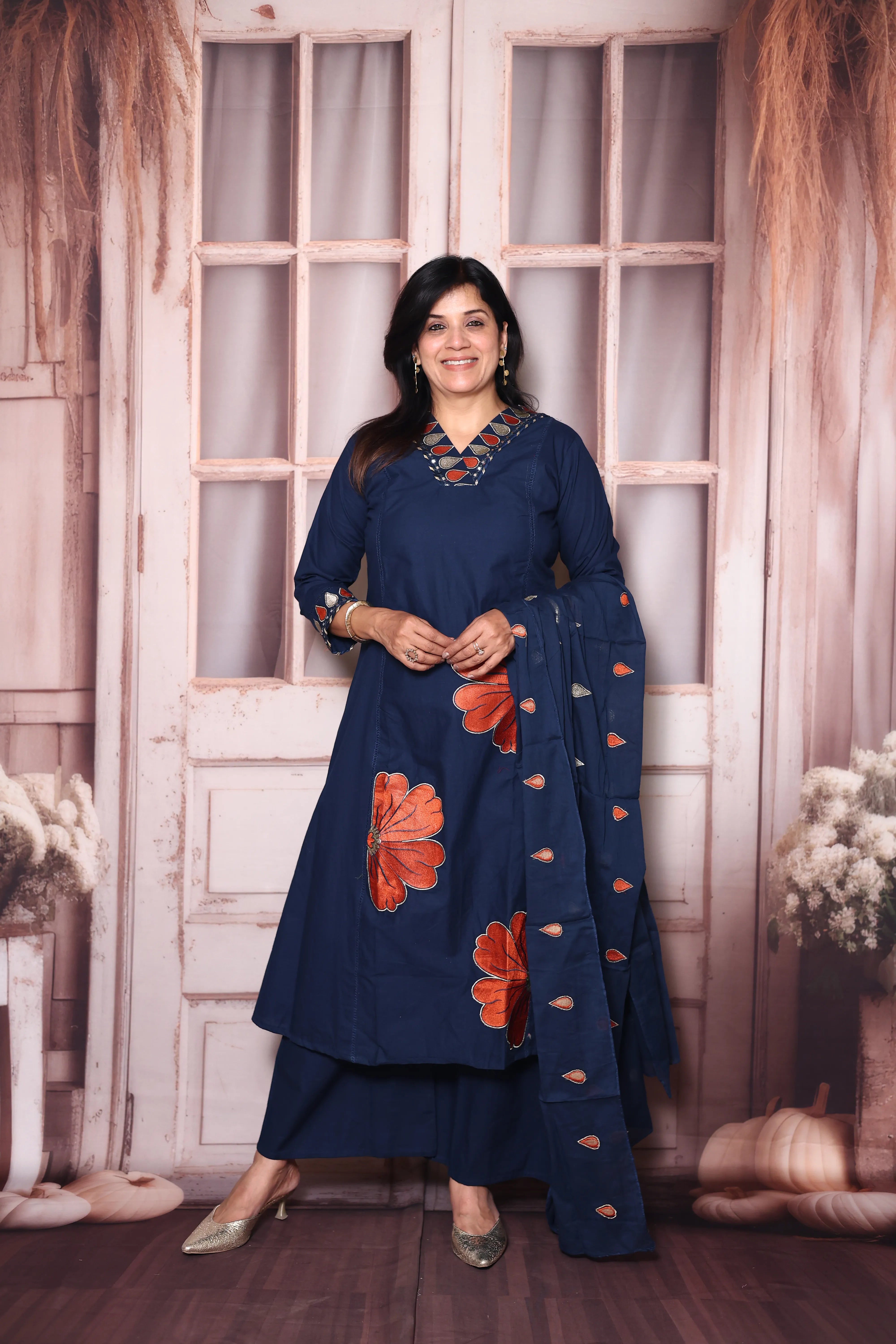Navy Blue Floral Appliqué Work Cotton A-Line Dupatta Set | Elegant Ethnic Wear