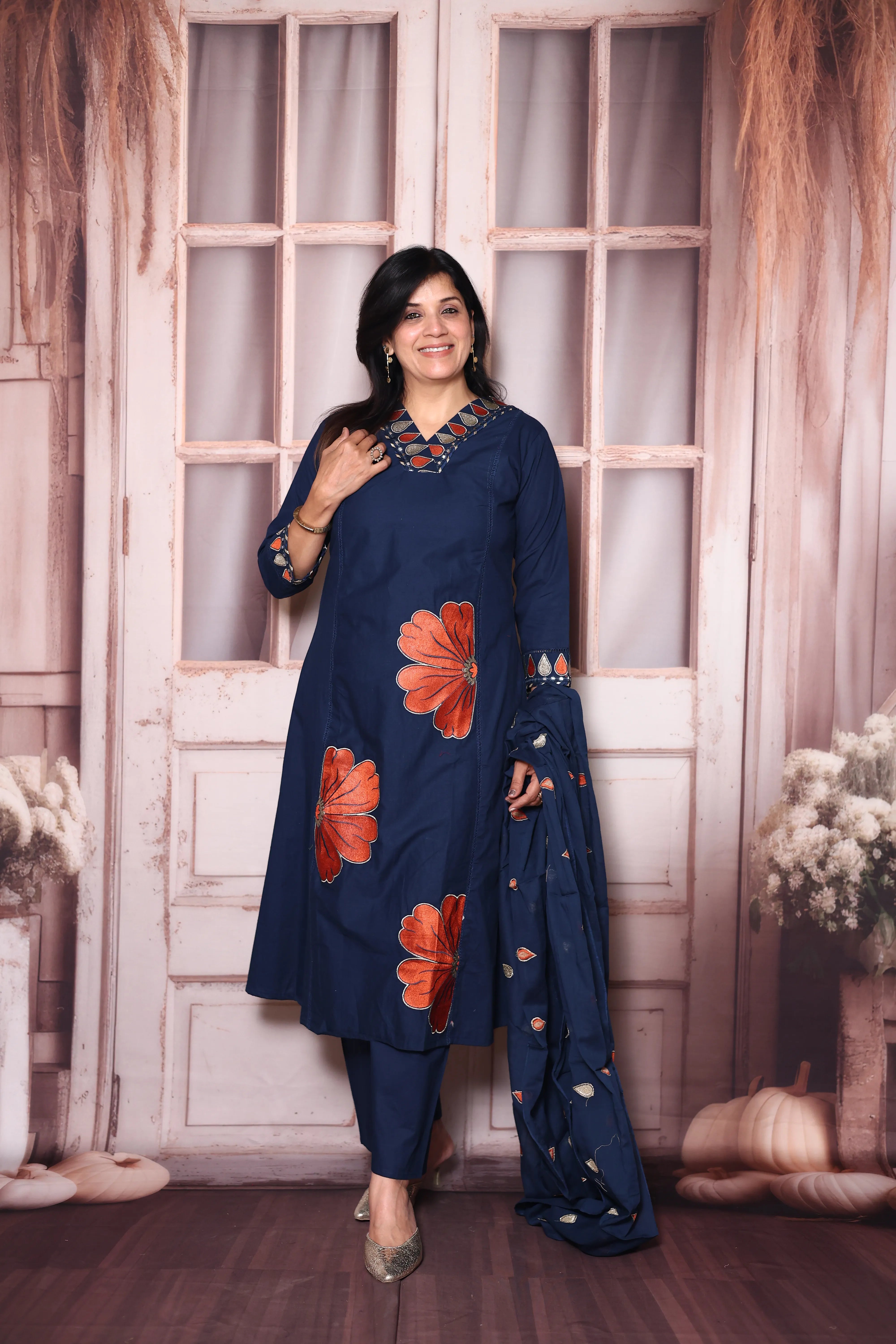 Navy Blue Floral Appliqué Work Cotton A-Line Dupatta Set | Elegant Ethnic Wear