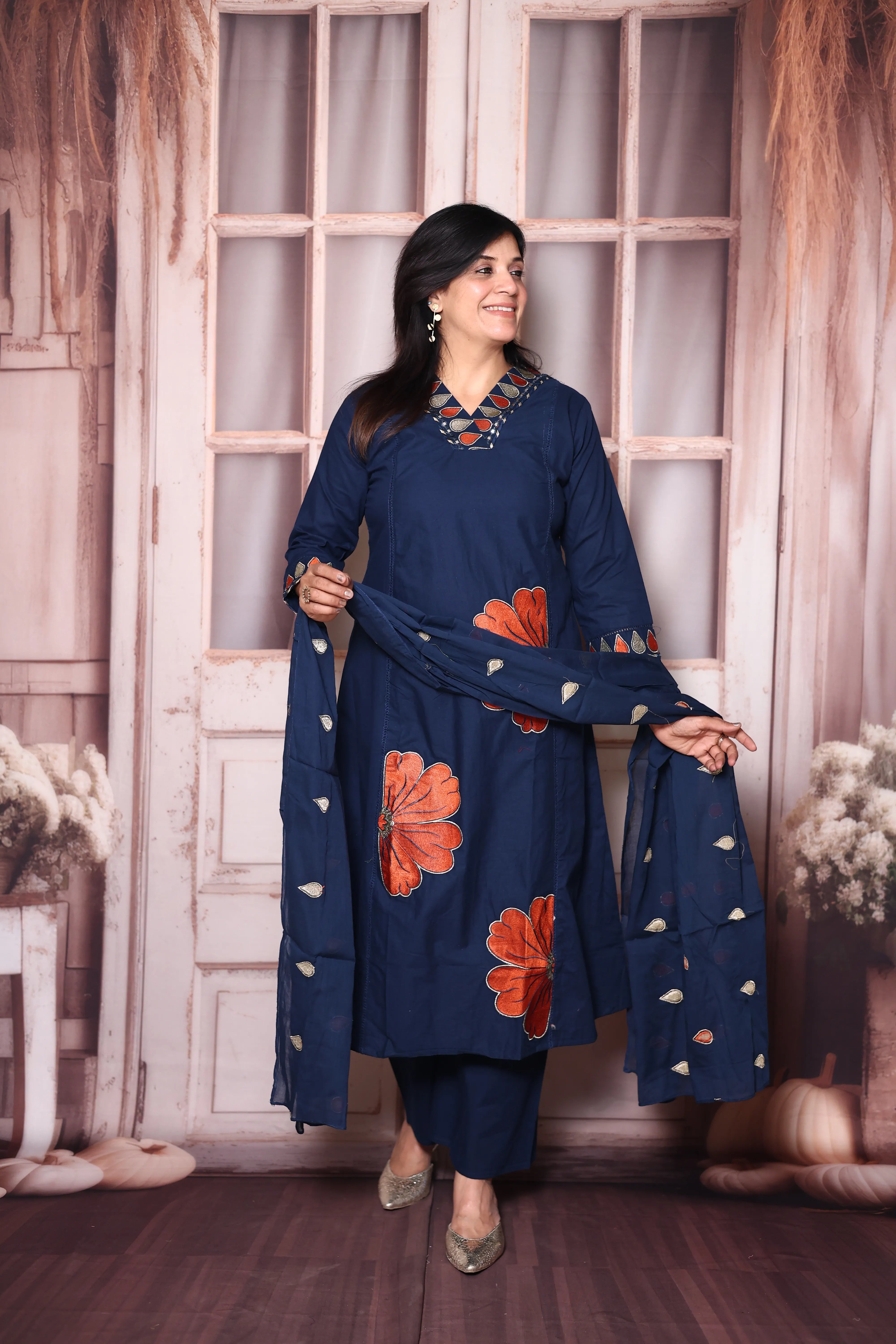 Navy Blue Floral Appliqué Work Cotton A-Line Dupatta Set | Elegant Ethnic Wear