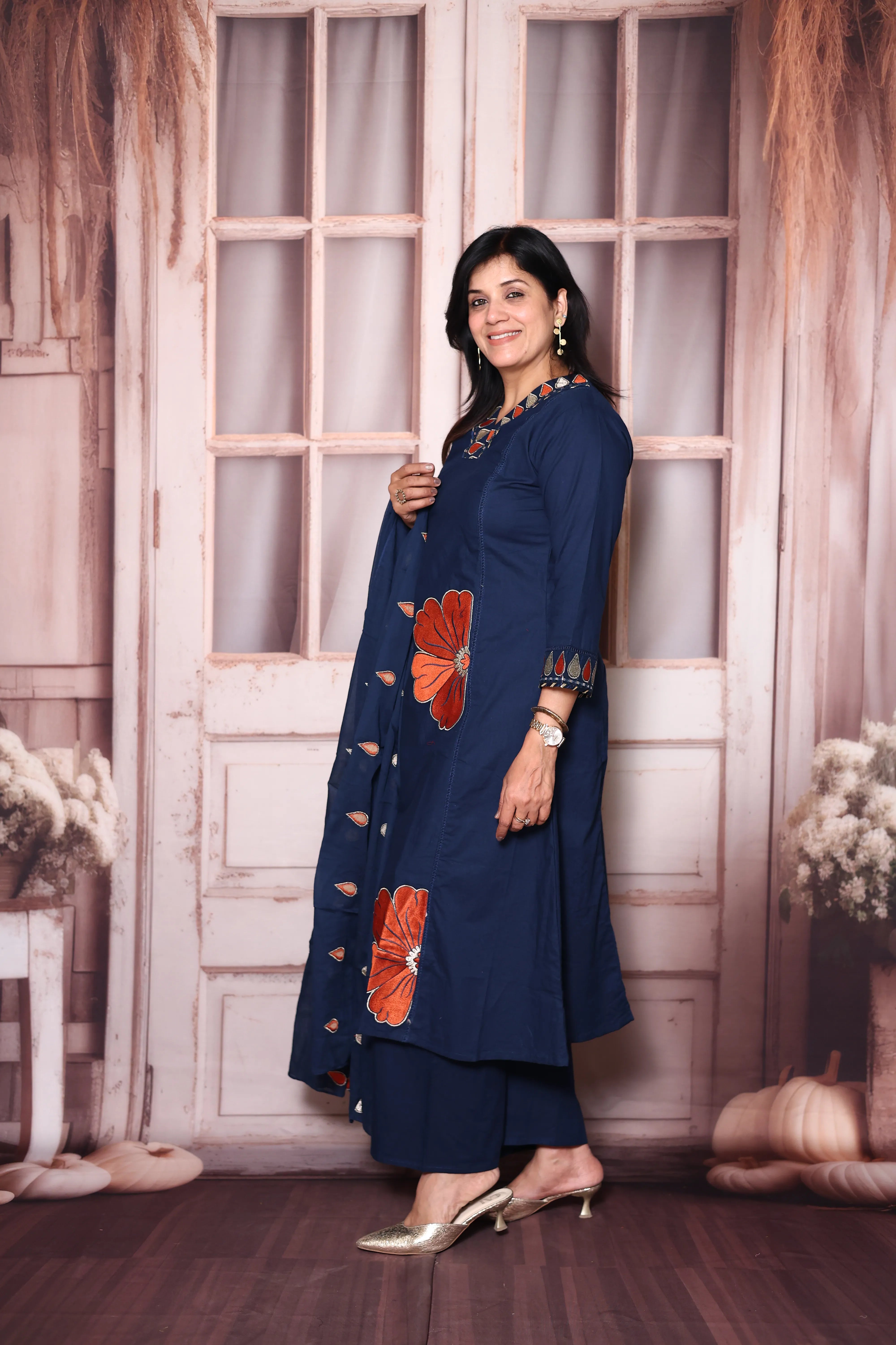 Navy Blue Floral Appliqué Work Cotton A-Line Dupatta Set | Elegant Ethnic Wear