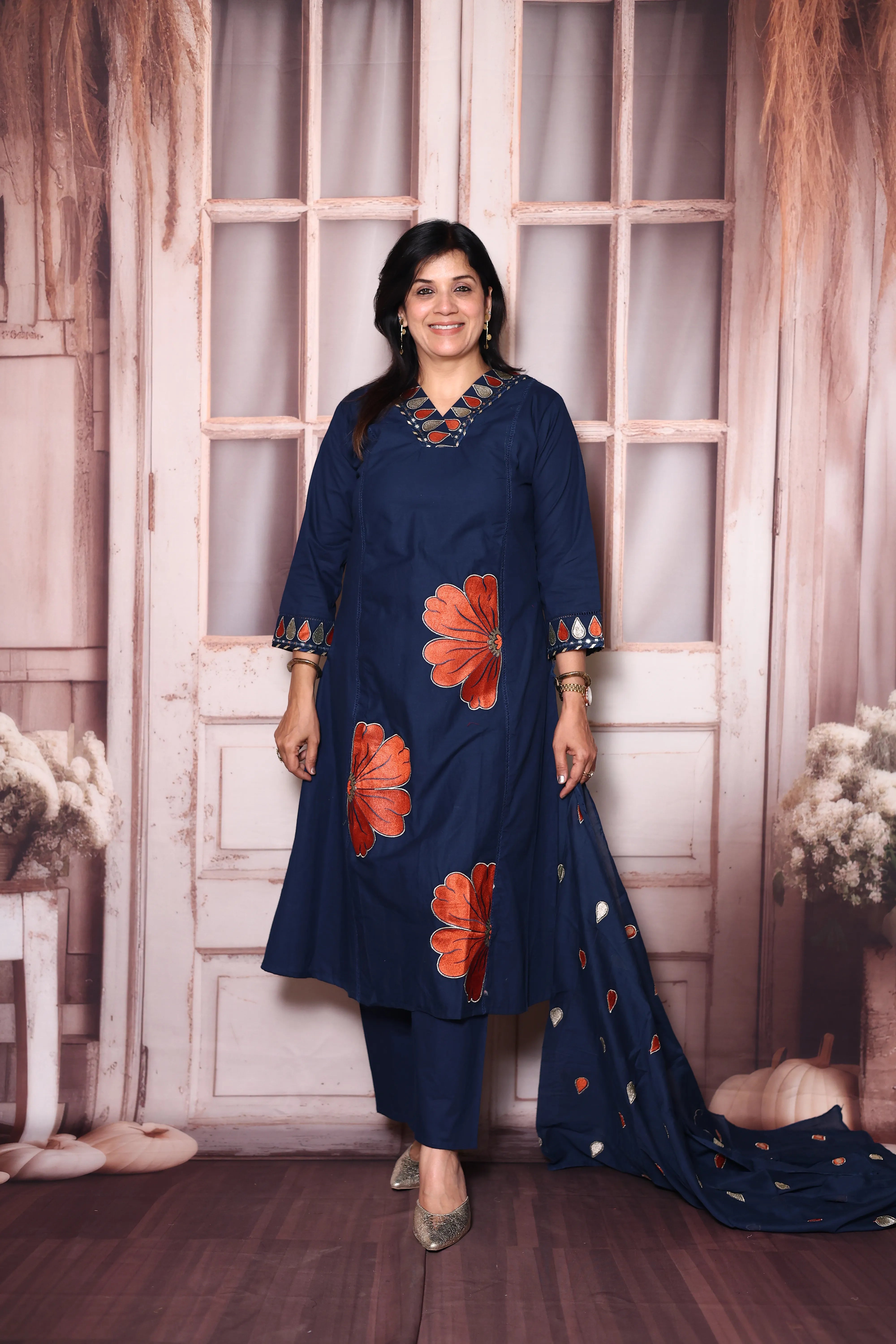 Navy Blue Floral Appliqué Work Cotton A-Line Dupatta Set | Elegant Ethnic Wear