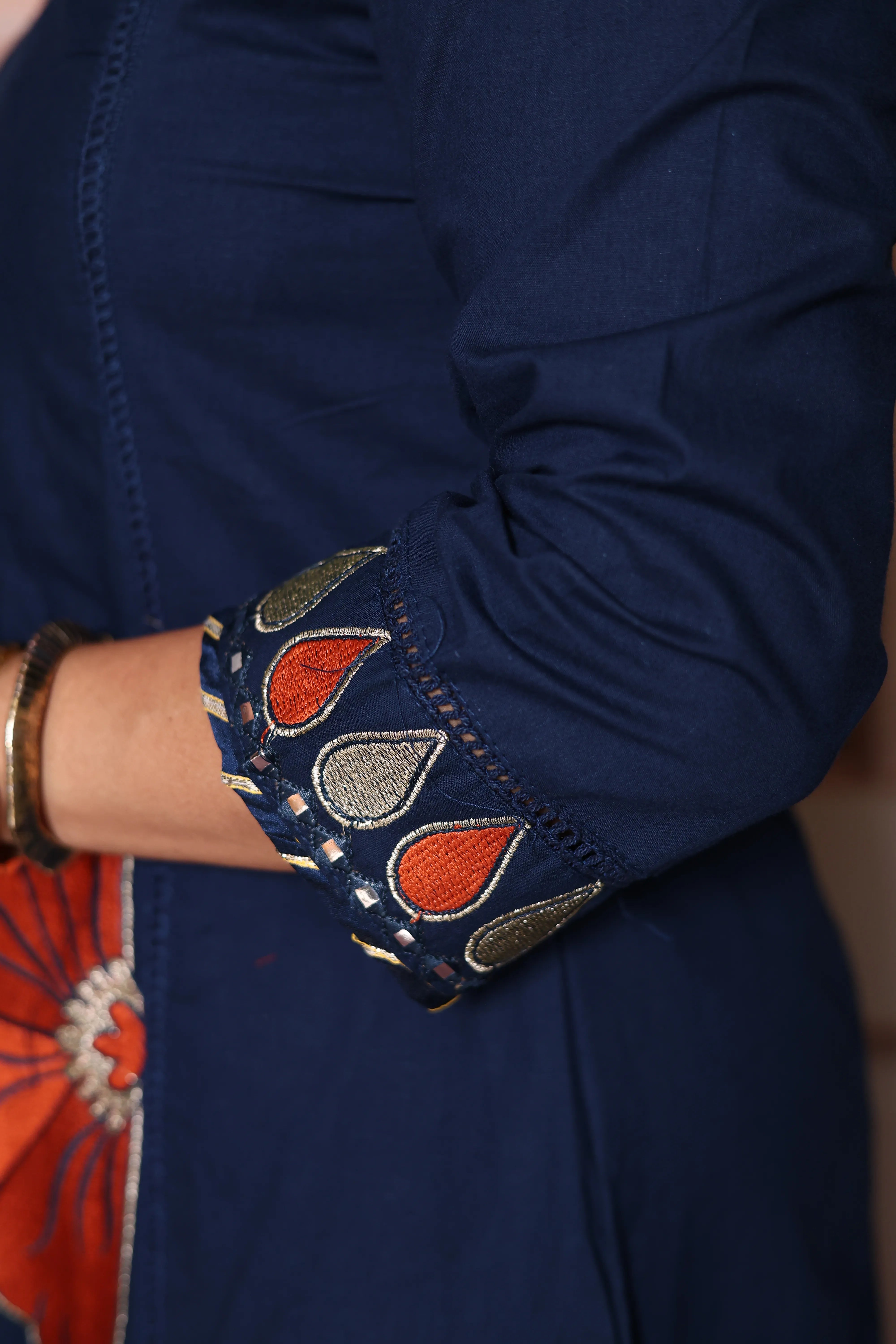 Navy Blue Floral Appliqué Work Cotton A-Line Dupatta Set | Elegant Ethnic Wear