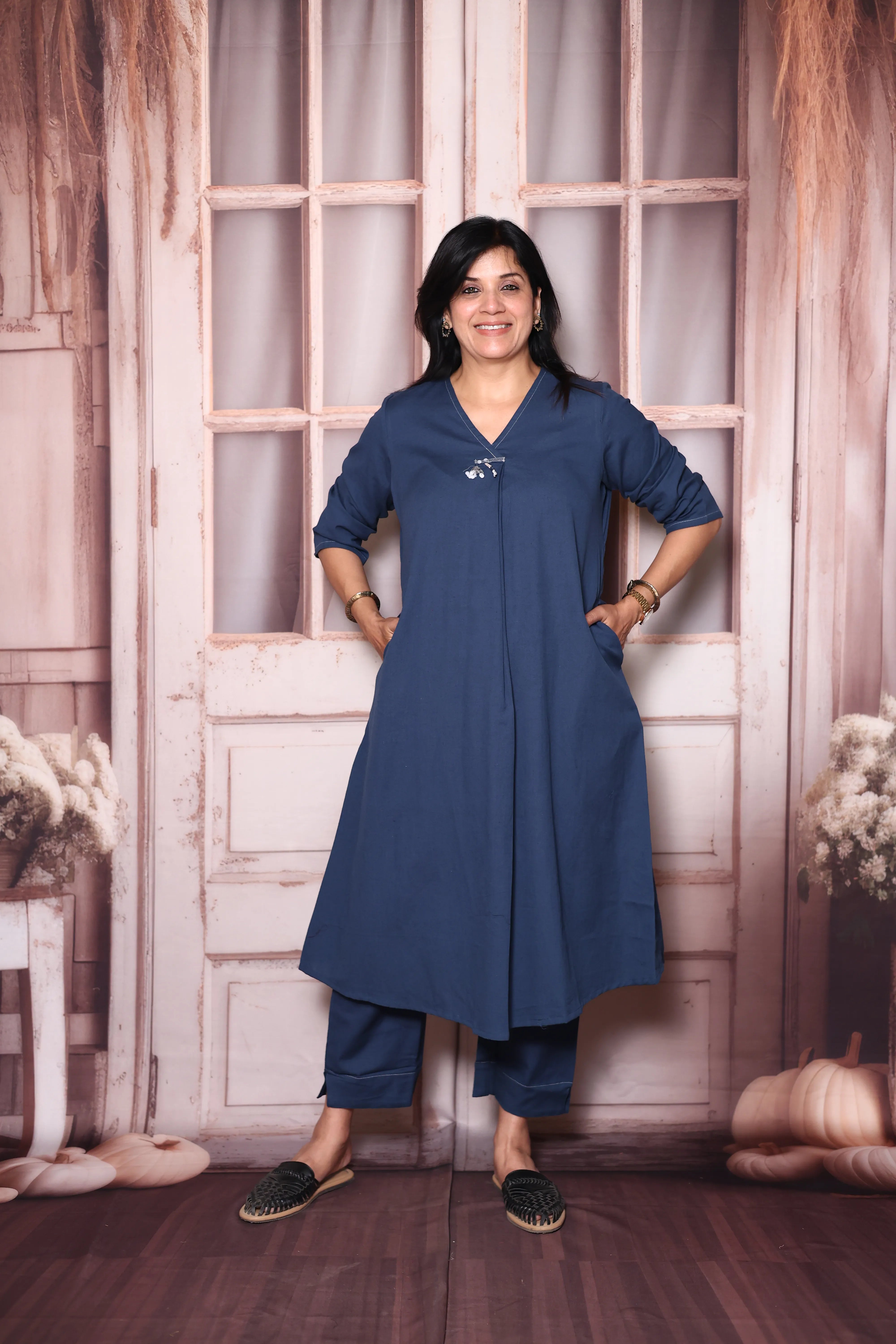 Classic Blue Solid A-Line Cotton Flex Kurta Pant Set | Elegant Everyday Ethnic Wear