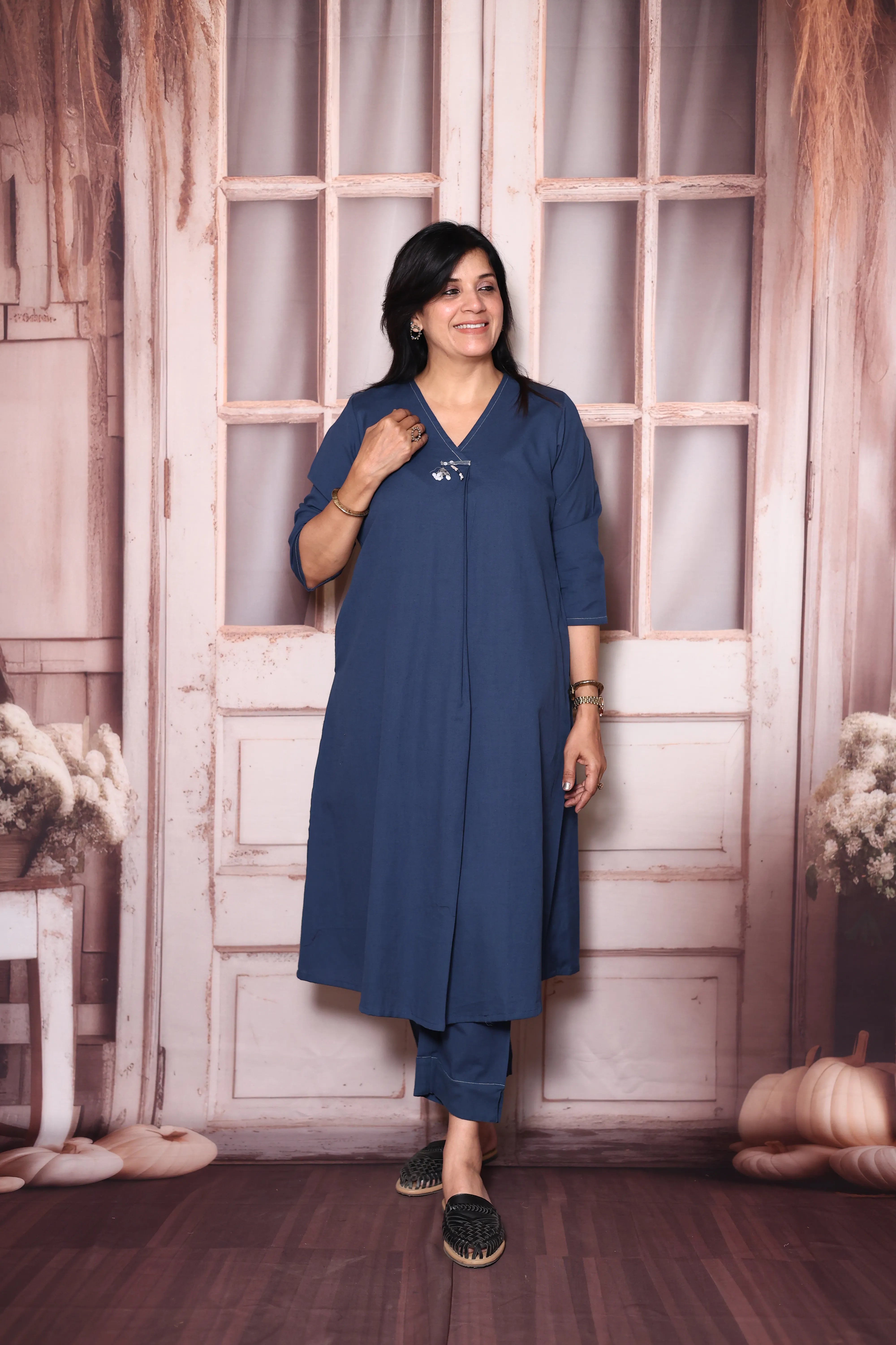 Classic Blue Solid A-Line Cotton Flex Kurta Pant Set | Elegant Everyday Ethnic Wear