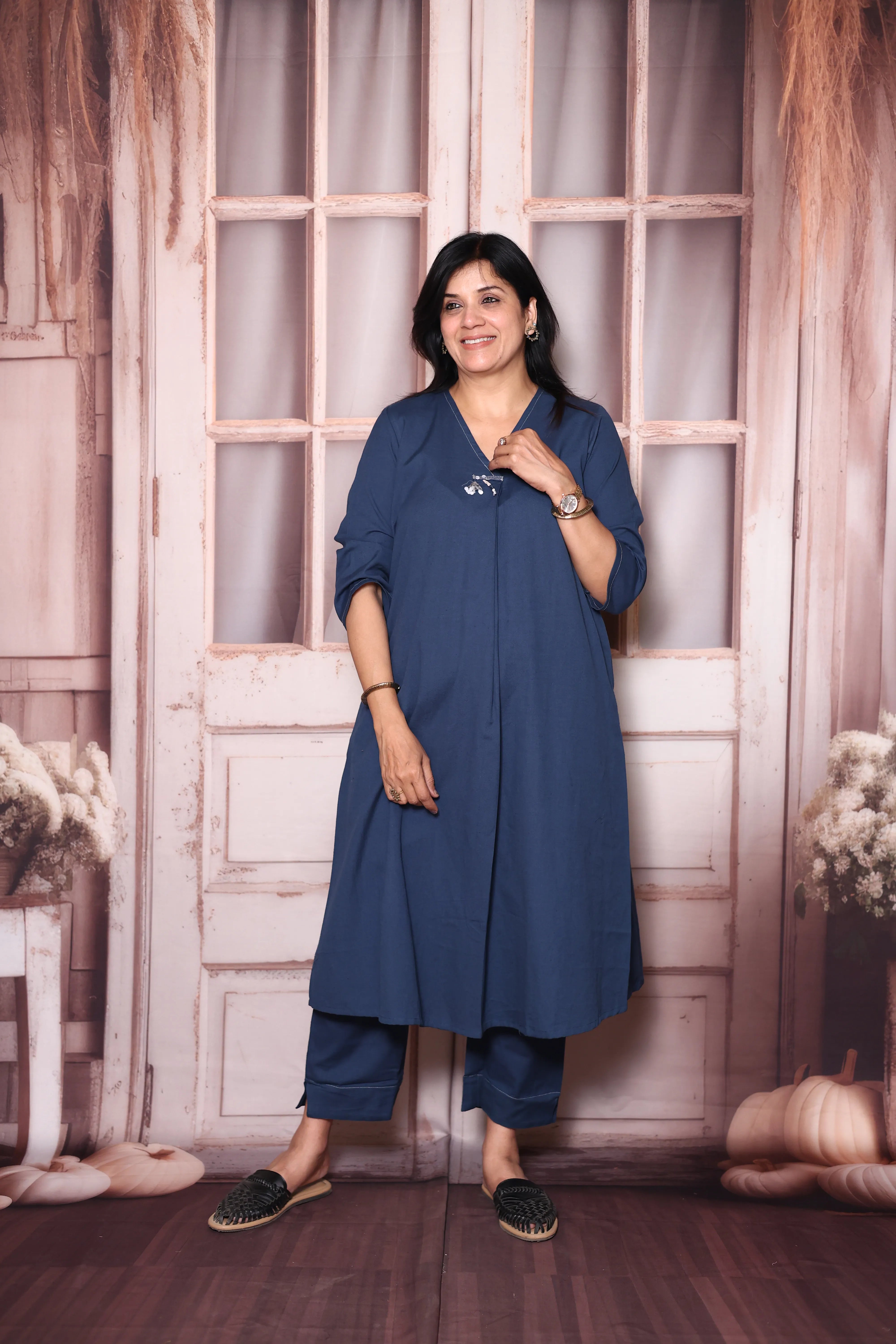 Classic Blue Solid A-Line Cotton Flex Kurta Pant Set | Elegant Everyday Ethnic Wear