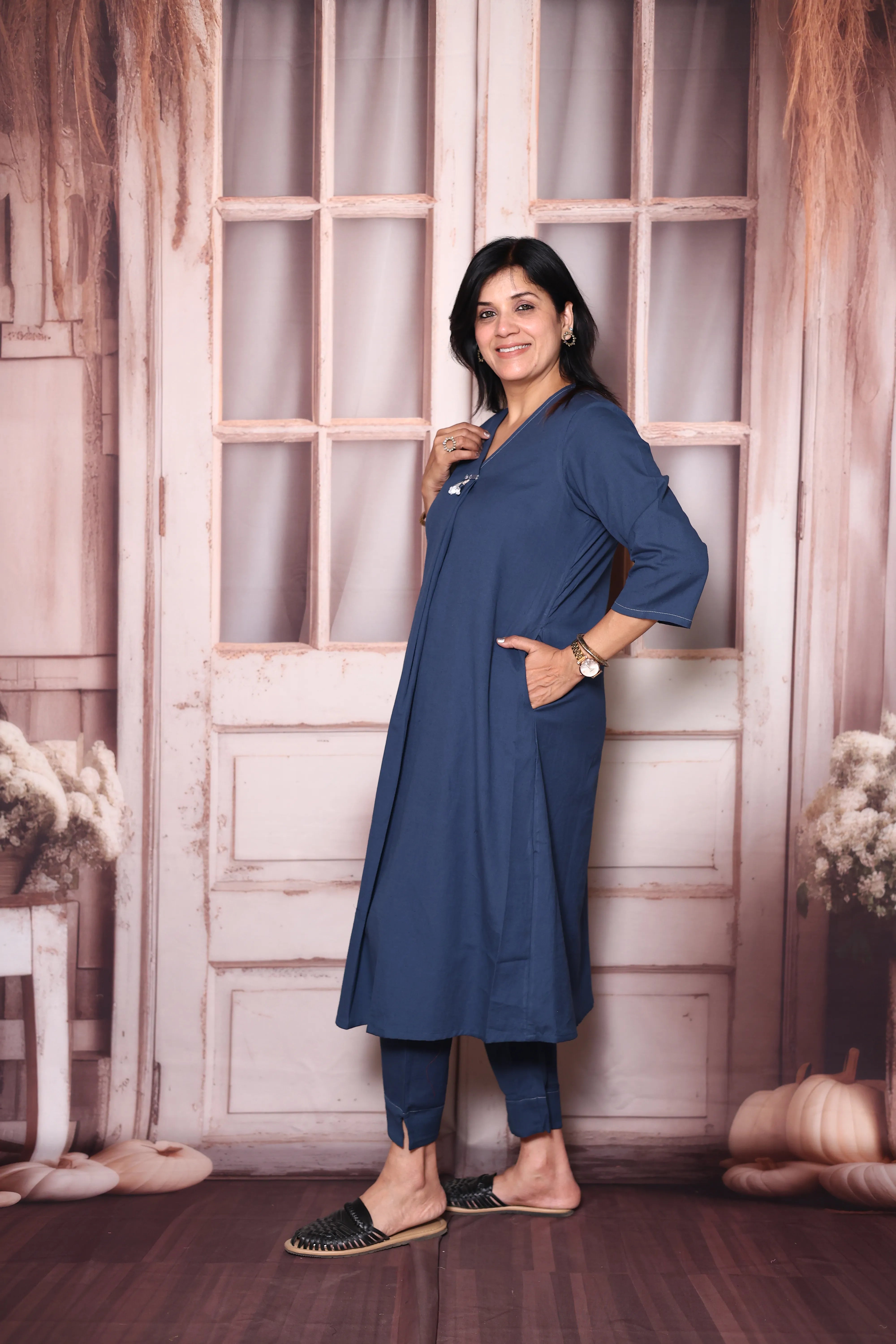 Classic Blue Solid A-Line Cotton Flex Kurta Pant Set | Elegant Everyday Ethnic Wear