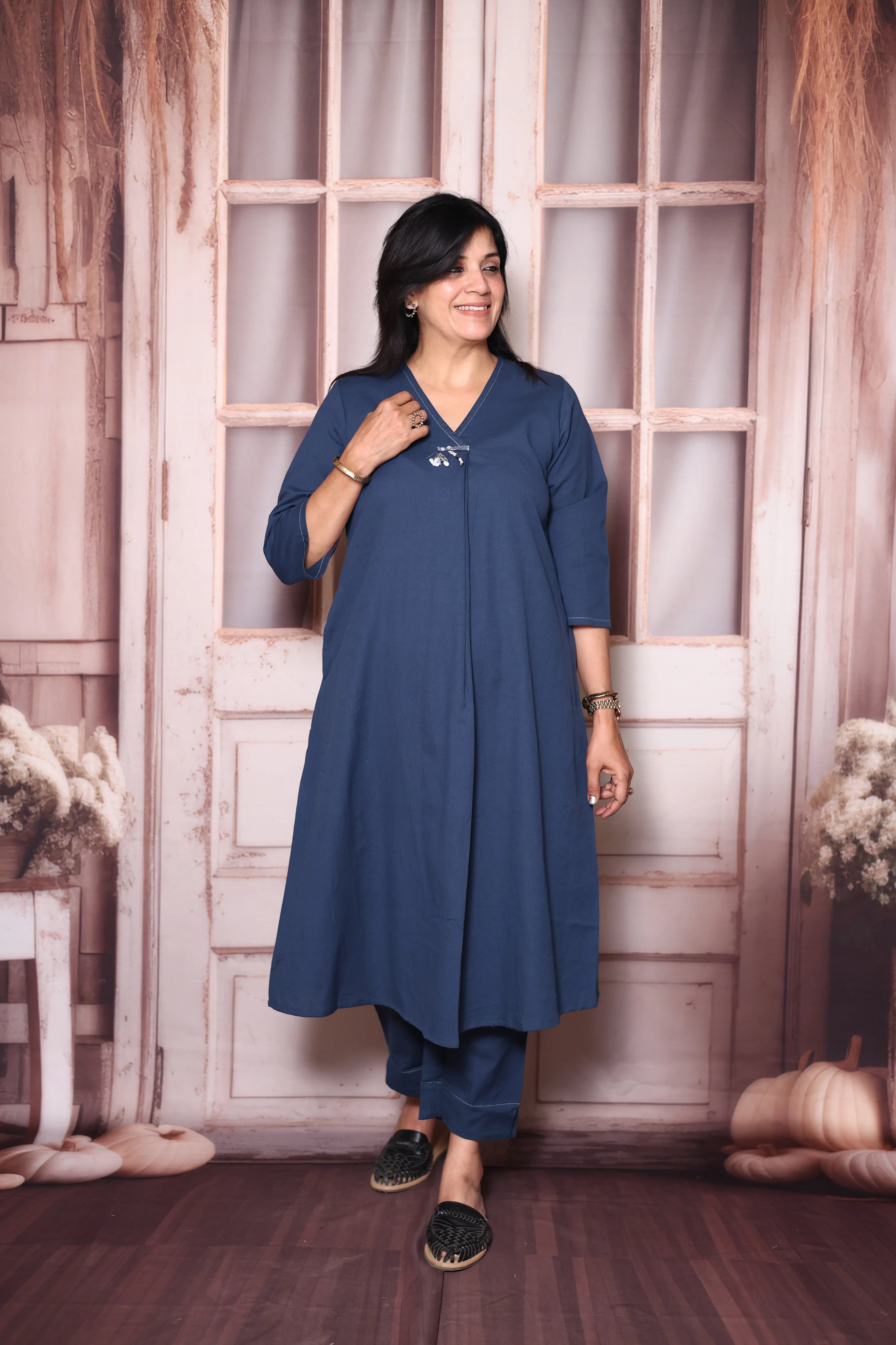 Classic Blue Solid A-Line Cotton Flex Kurta Pant Set | Elegant Everyday Ethnic Wear