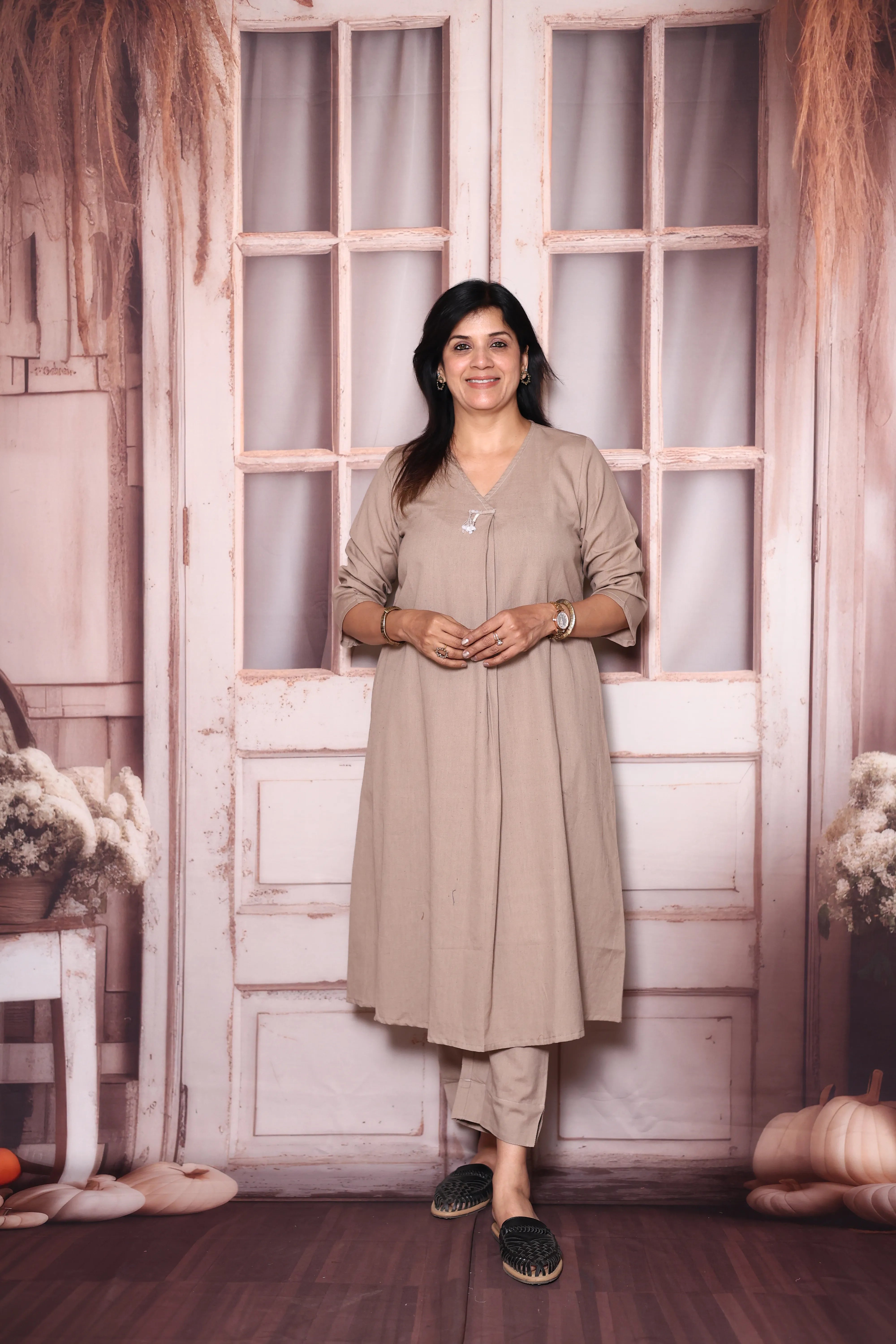 Dusty brown Solid A-Line Cotton Flex Kurta Pant Set | Elegant Everyday Ethnic Wear