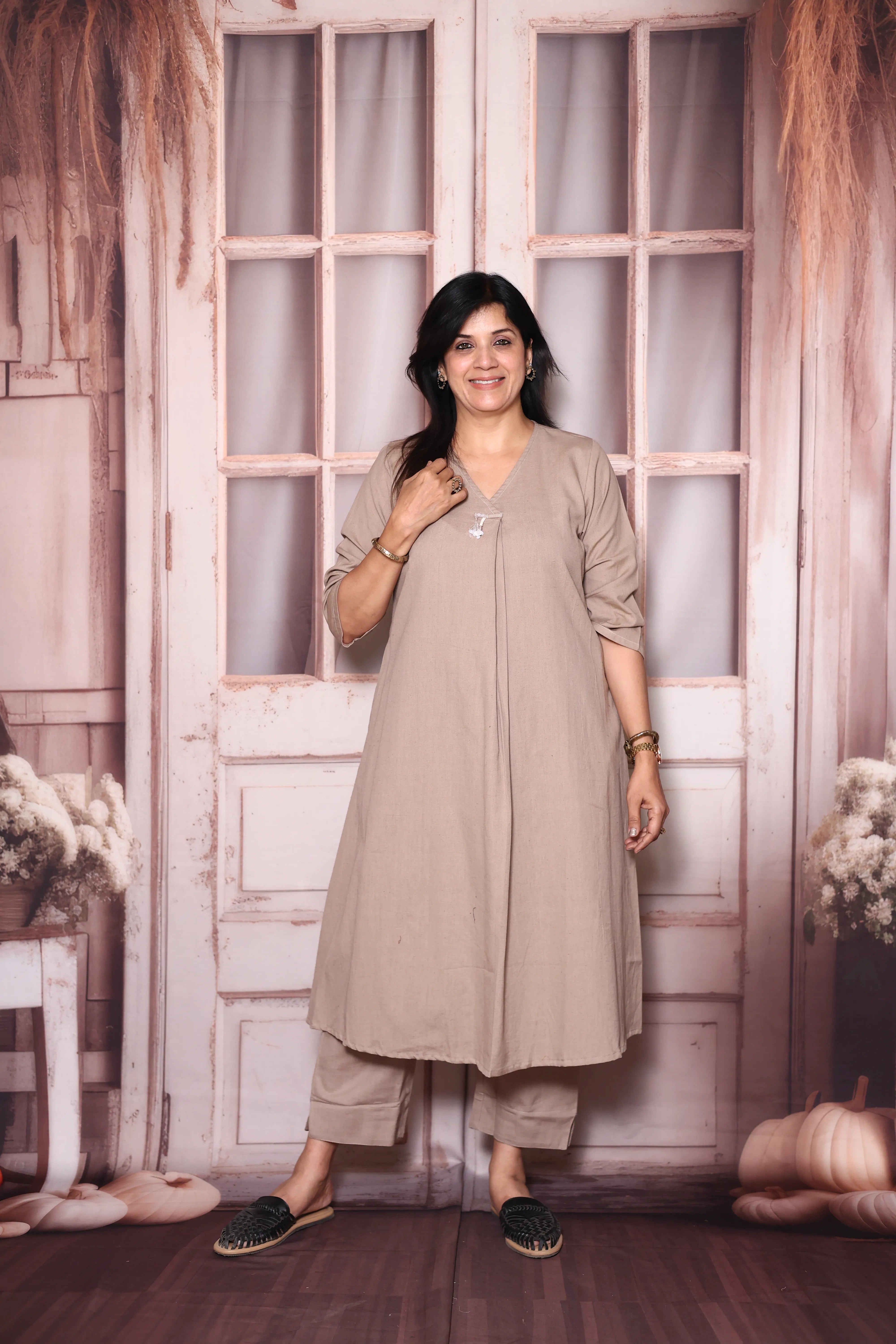 Dusty brown Solid A-Line Cotton Flex Kurta Pant Set | Elegant Everyday Ethnic Wear