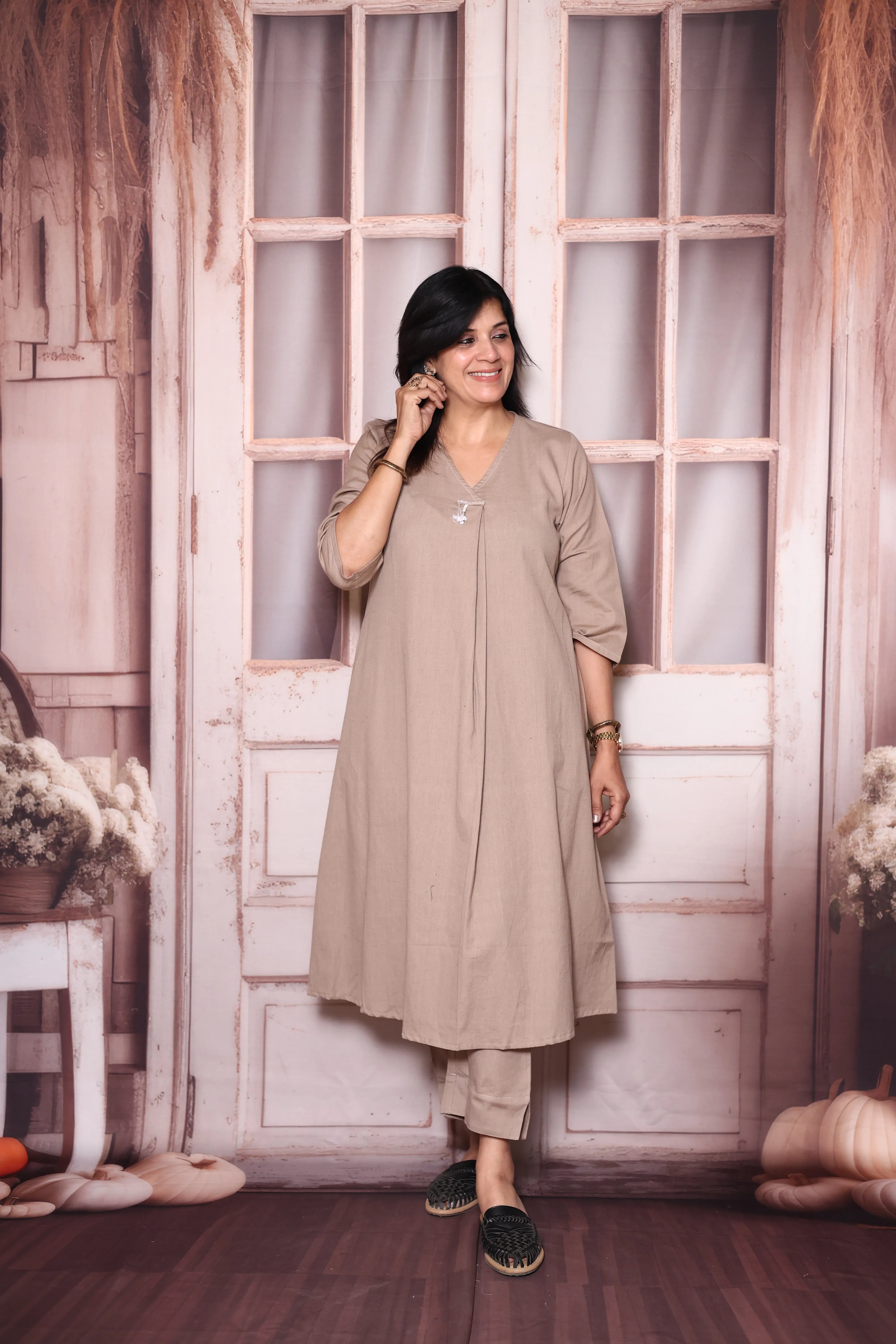 Dusty brown Solid A-Line Cotton Flex Kurta Pant Set | Elegant Everyday Ethnic Wear