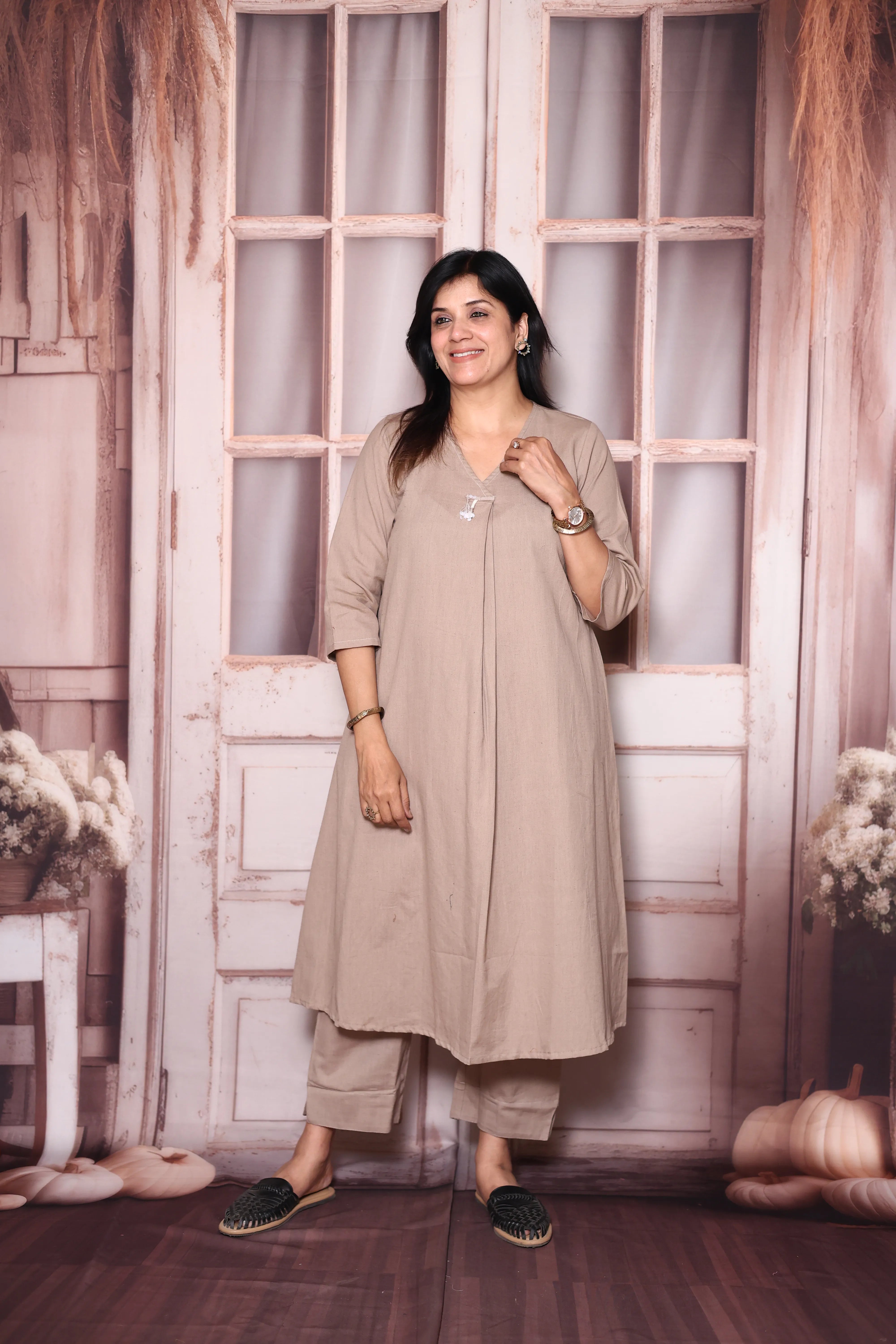 Dusty brown Solid A-Line Cotton Flex Kurta Pant Set | Elegant Everyday Ethnic Wear