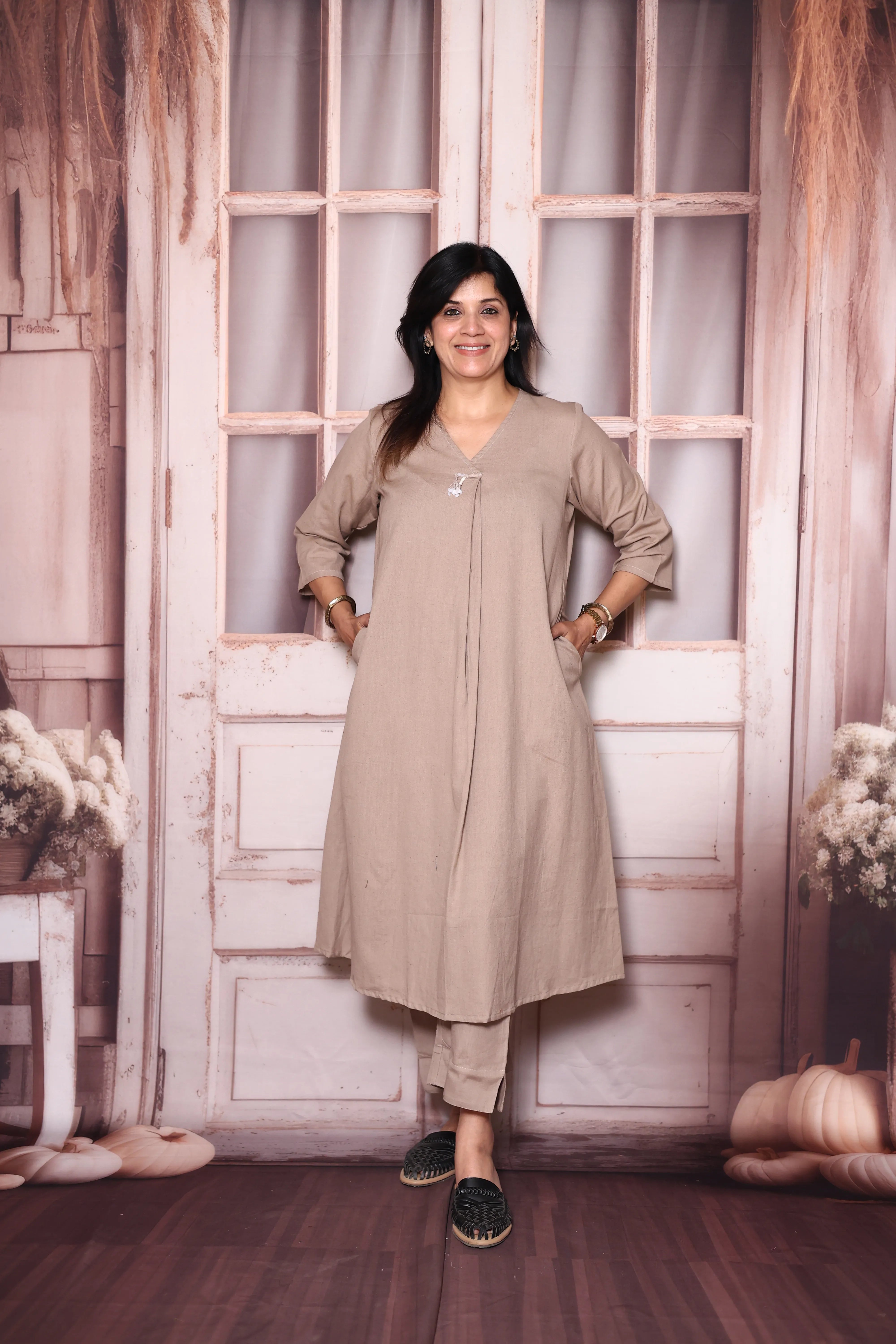 Dusty brown Solid A-Line Cotton Flex Kurta Pant Set | Elegant Everyday Ethnic Wear