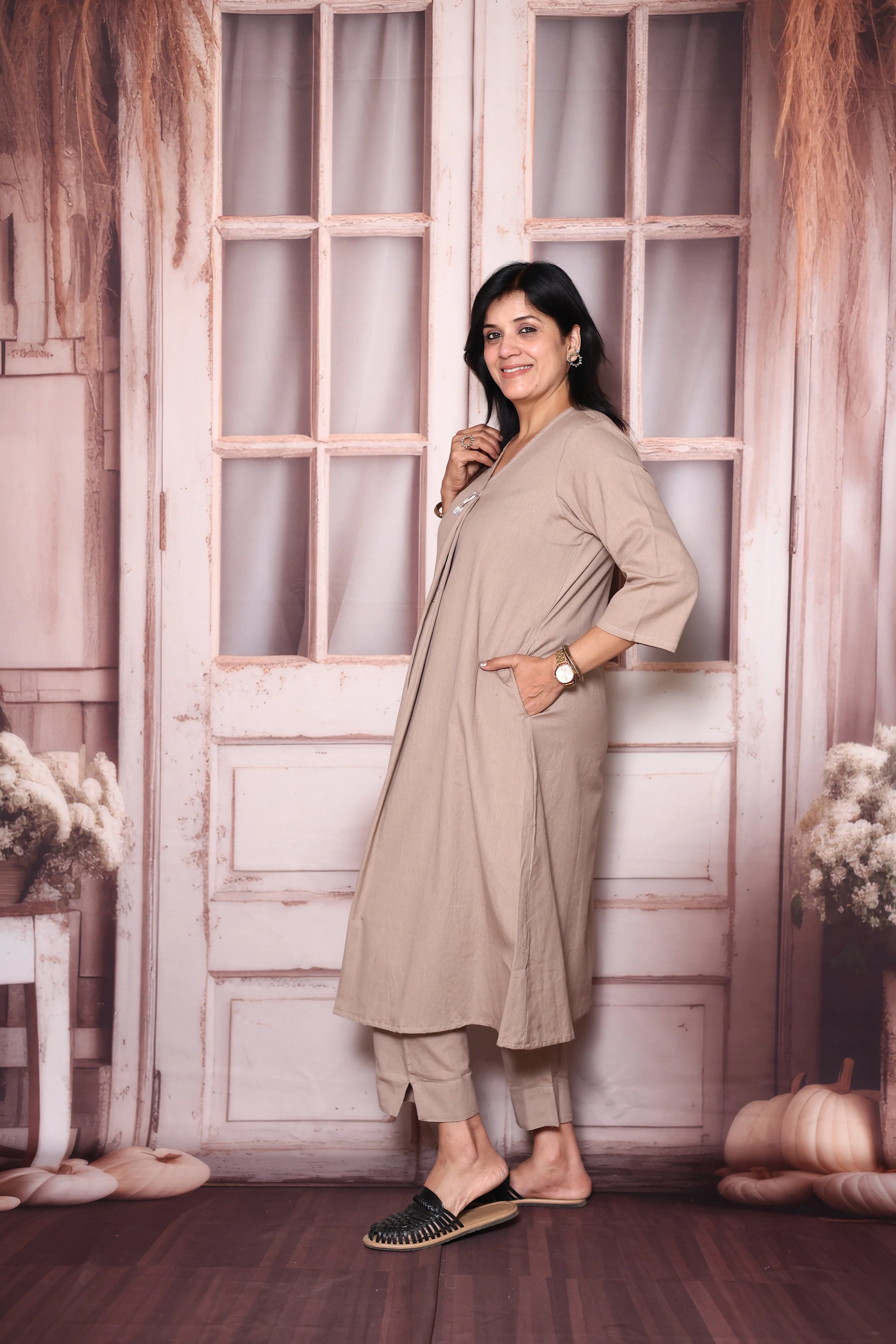 Dusty brown Solid A-Line Cotton Flex Kurta Pant Set | Elegant Everyday Ethnic Wear