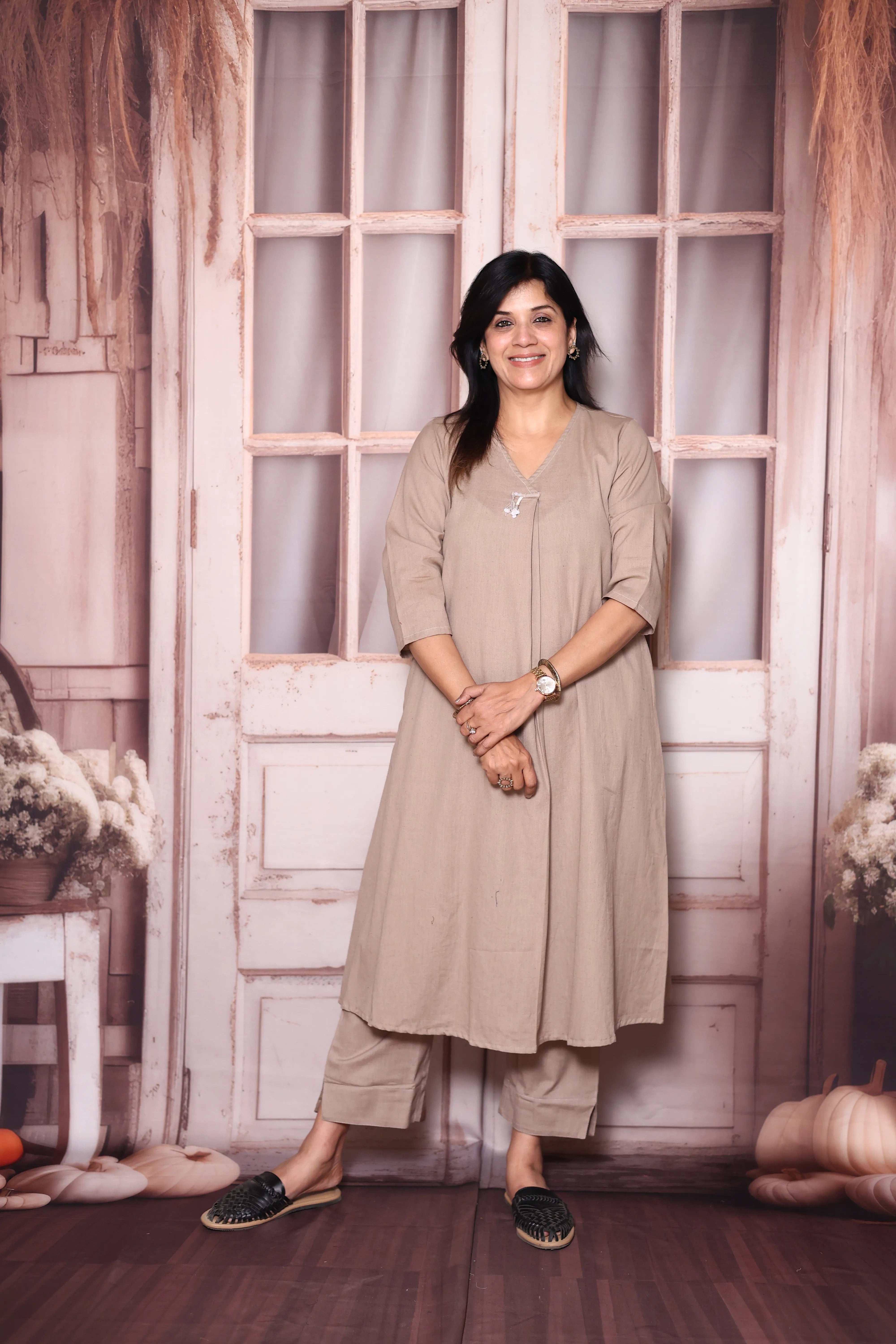 Dusty brown Solid A-Line Cotton Flex Kurta Pant Set | Elegant Everyday Ethnic Wear