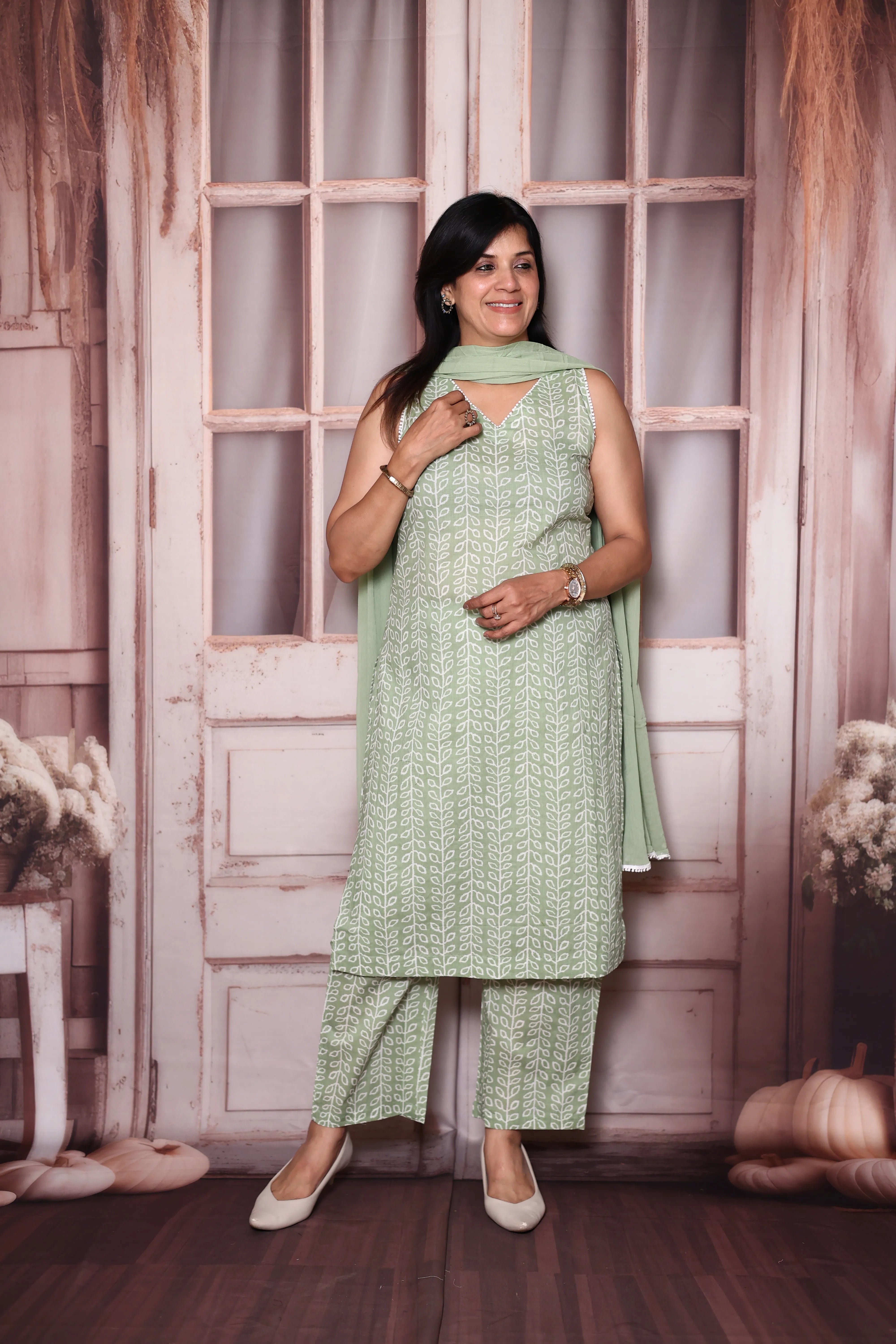 Pista green Sleeveless Printed Mul Cotton Dupatta Set | Light & Elegant Summer Ethnic Wear