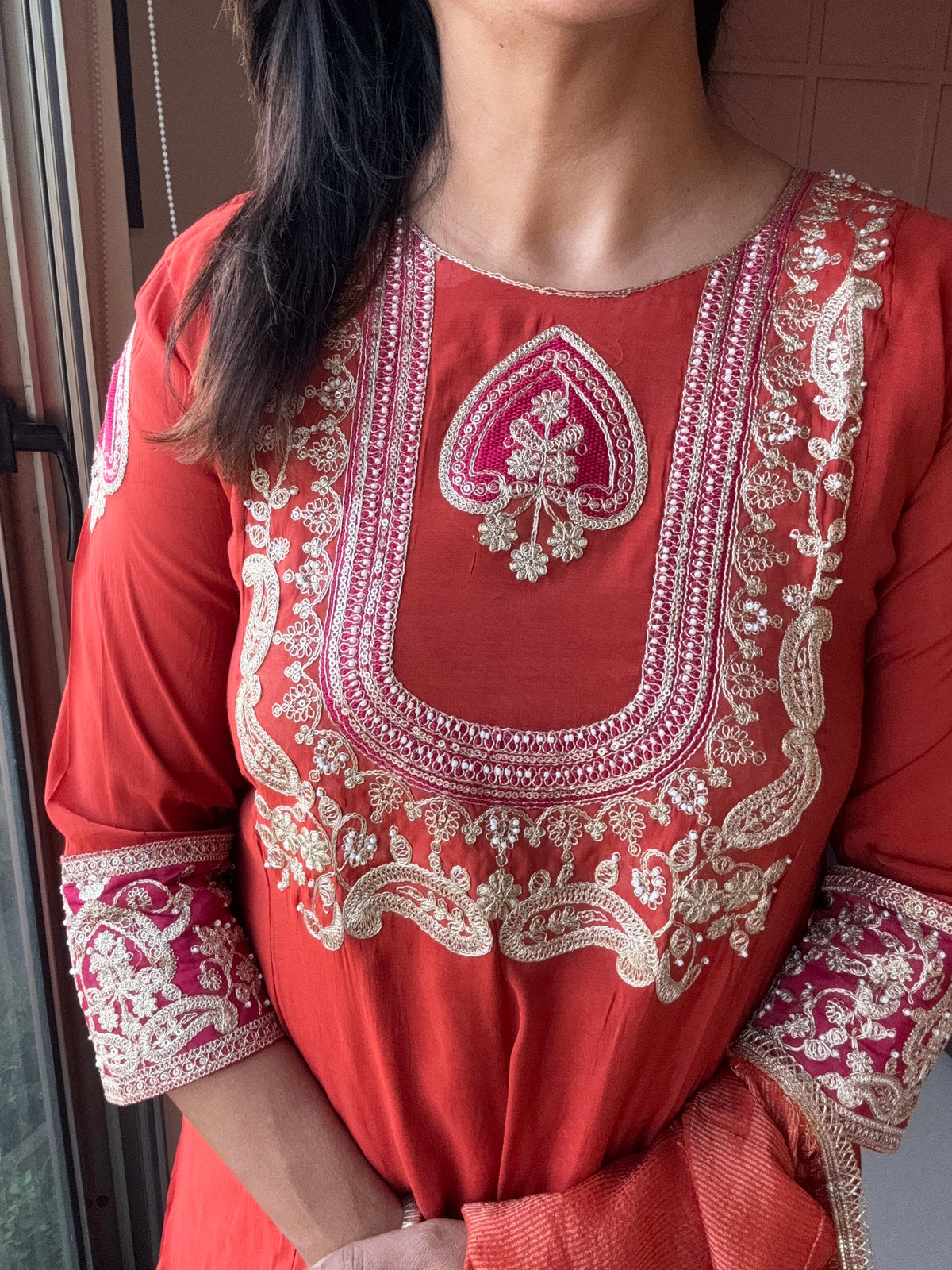Rust A-Line Yoke Embroidered Kurta Pant & Dupatta Set | Pure Muslin Silk