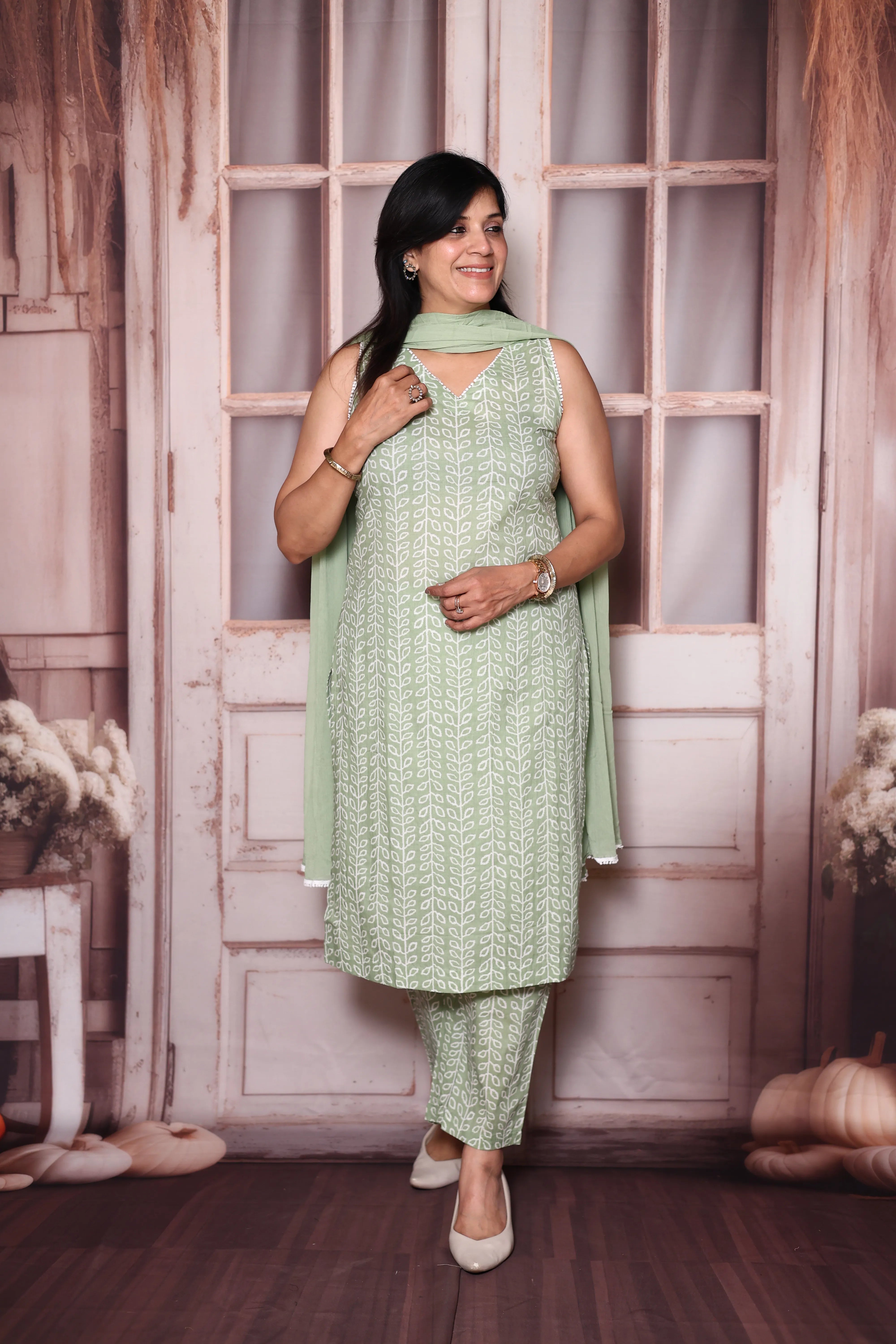 Pista green Sleeveless Printed Mul Cotton Dupatta Set | Light & Elegant Summer Ethnic Wear